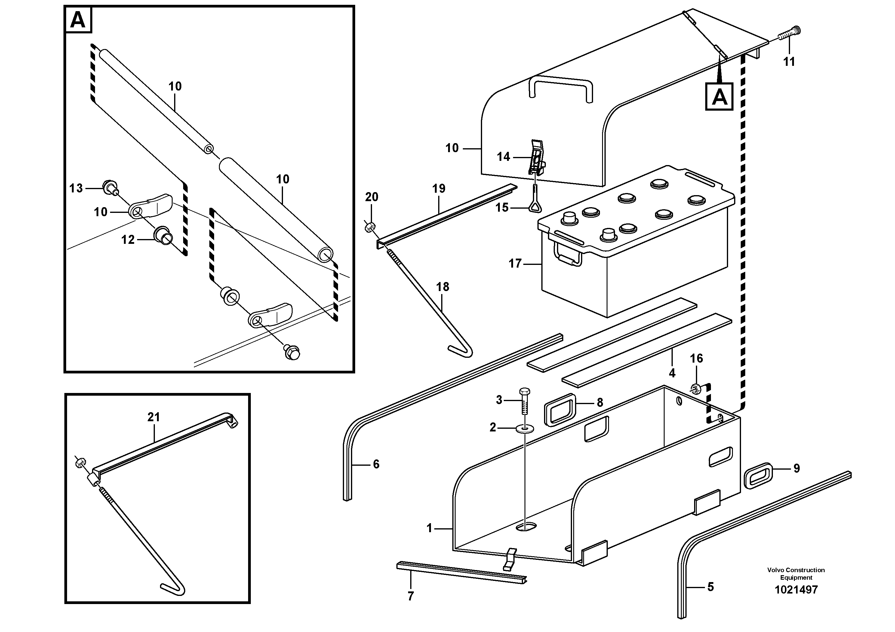 Схема запчастей Volvo L180E - 82102 Battery box with fitting parts L180E S/N 5004 - 7398 S/N 62501 - 62543 USA