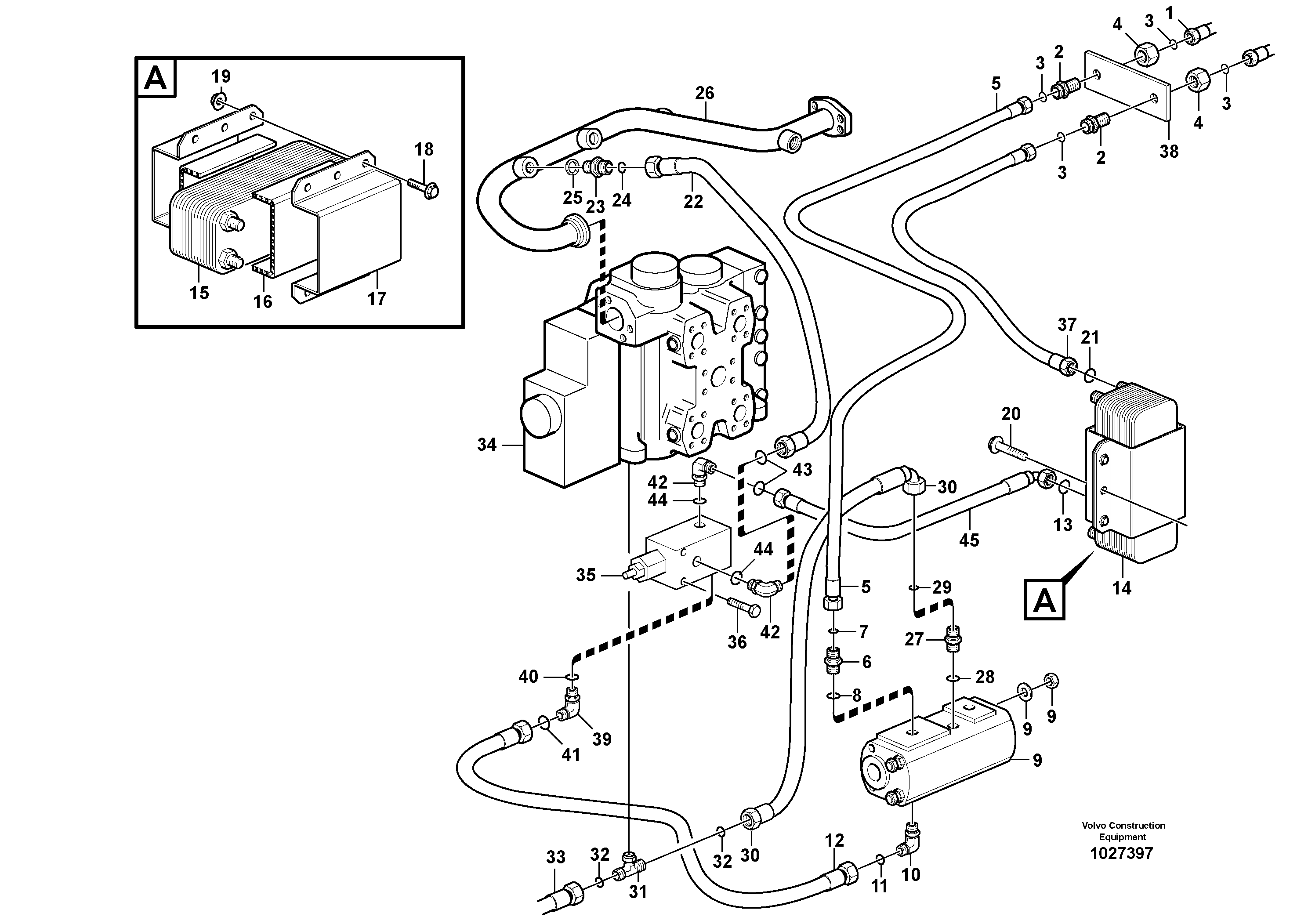 Схема запчастей Volvo L180E - 104580 Oil cooler, forword, motor circuit L180E HIGH-LIFT S/N 8002 - 9407