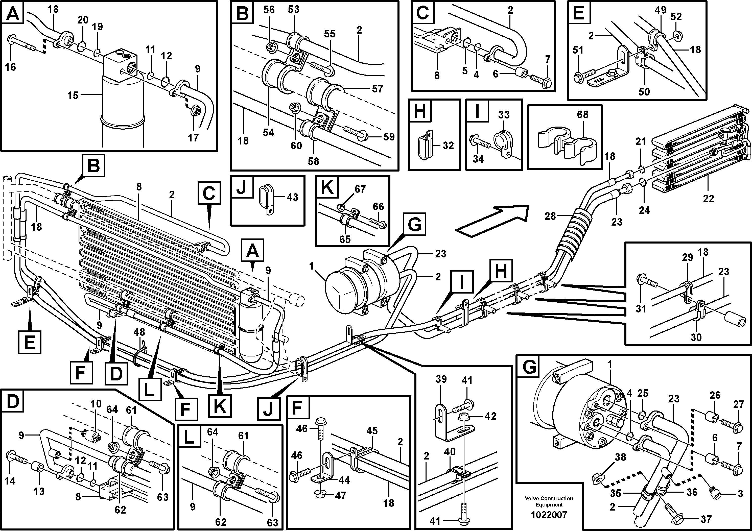 Схема запчастей Volvo L180E - 38064 Assembly of hose: evaparator, receiver drier and condenser L180E HIGH-LIFT S/N 8002 - 9407