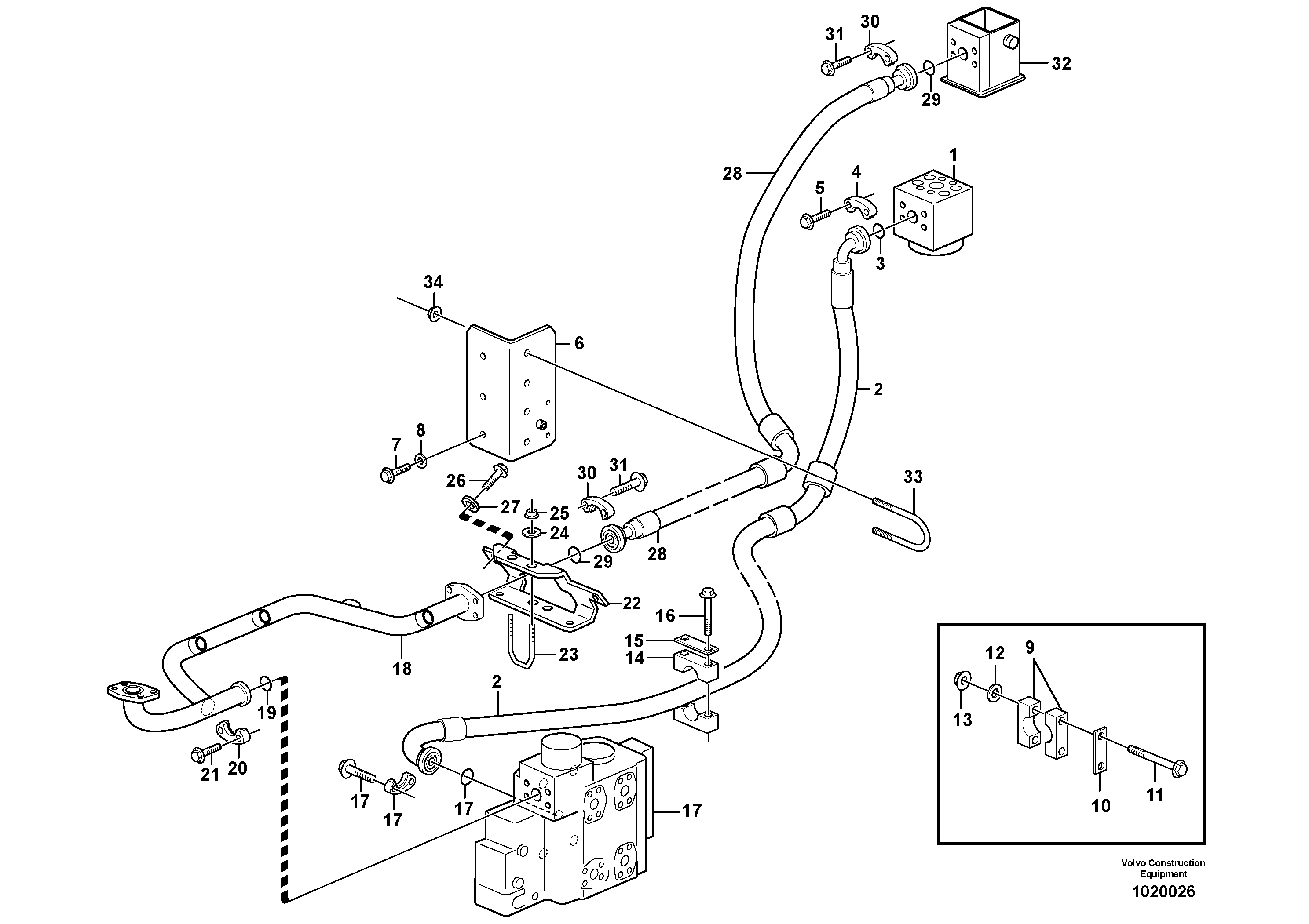 Схема запчастей Volvo L180E - 37264 Feed- and return lines - control valve L180E HIGH-LIFT S/N 8002 - 9407