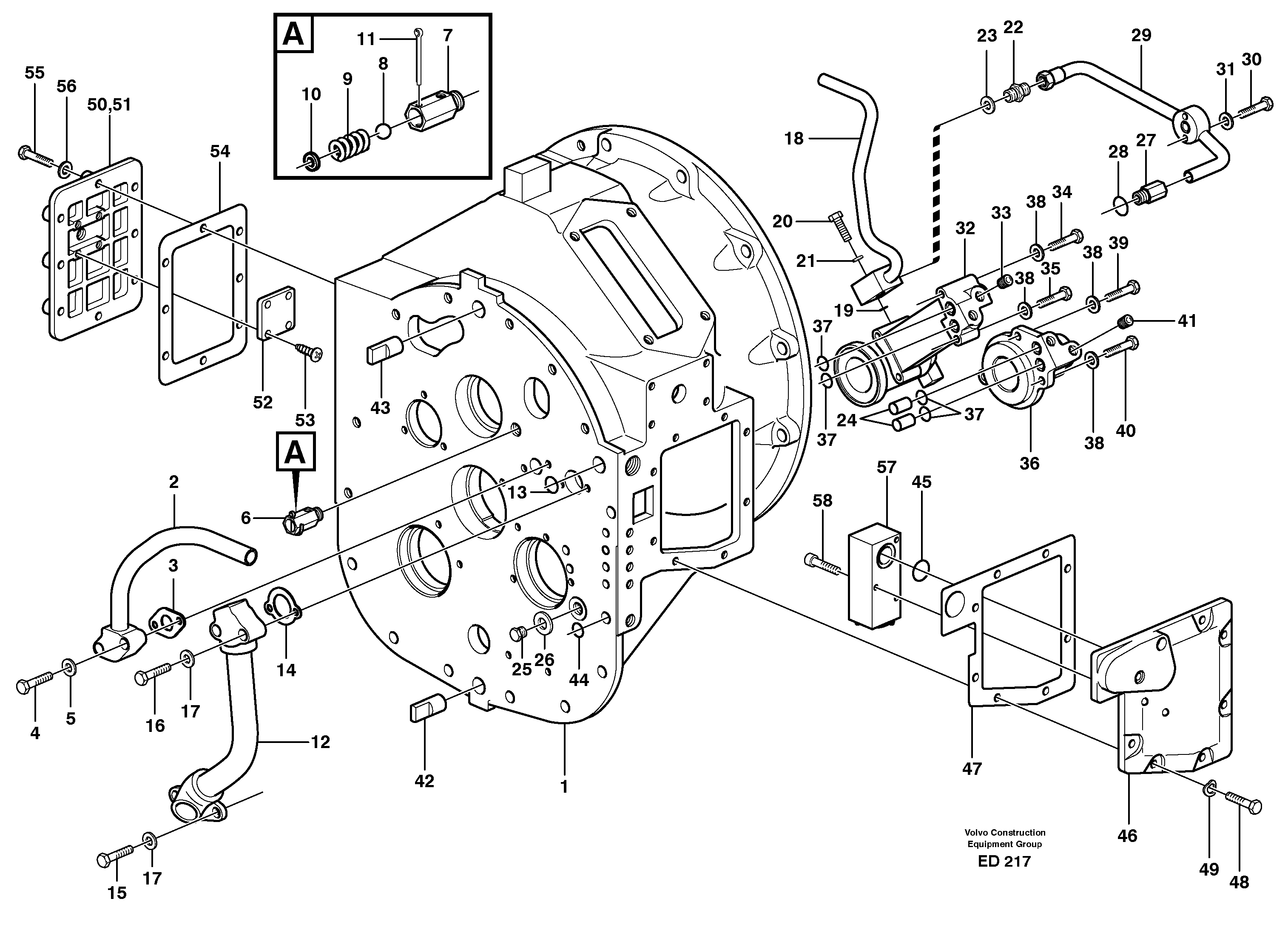 Схема запчастей Volvo L90D - 100724 Converter housing with assembly parts L90D