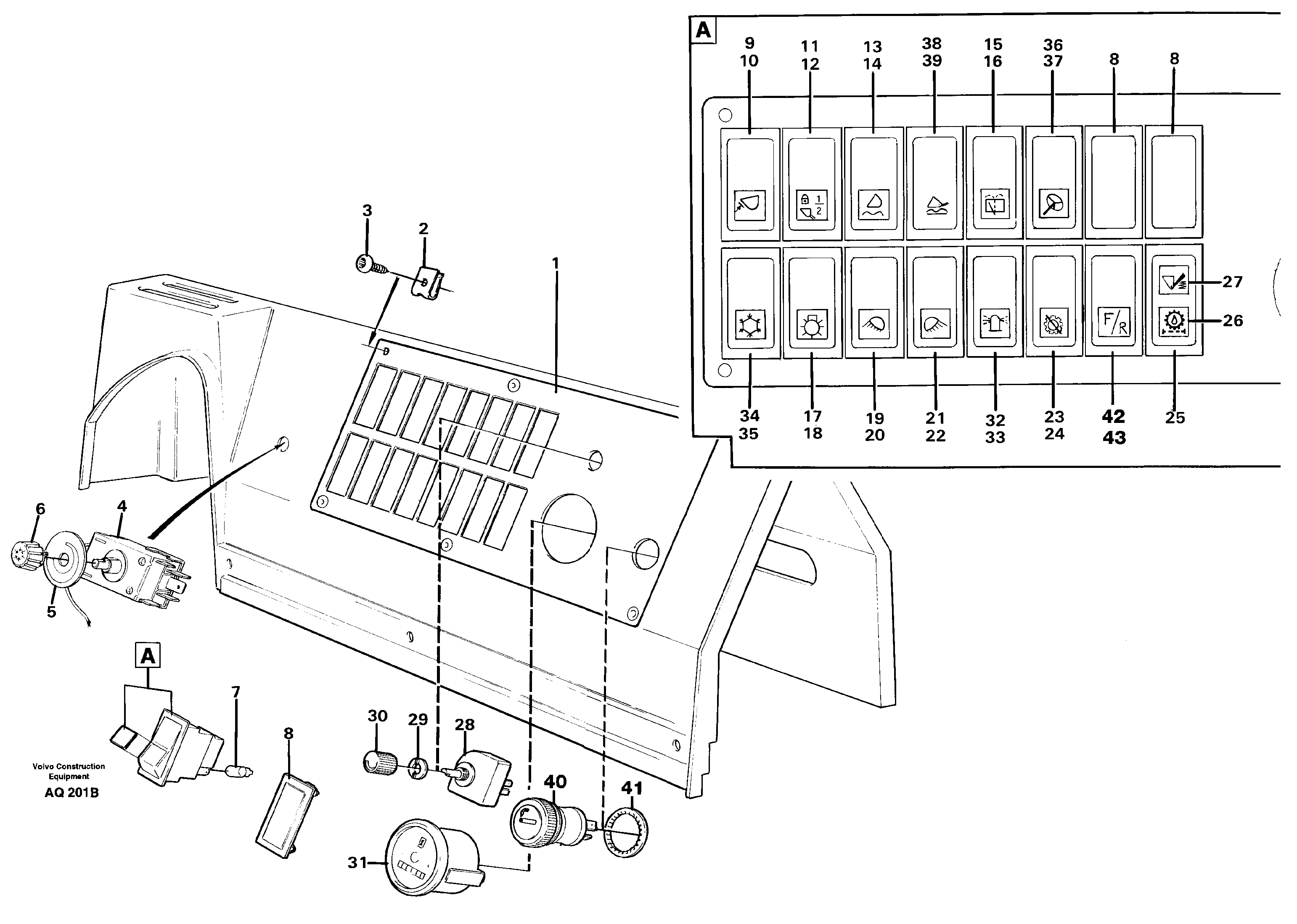 Схема запчастей Volvo L120C - 61163 Switch panel L120C S/N 11319-SWE, S/N 61677-USA, S/N 70075-BRA