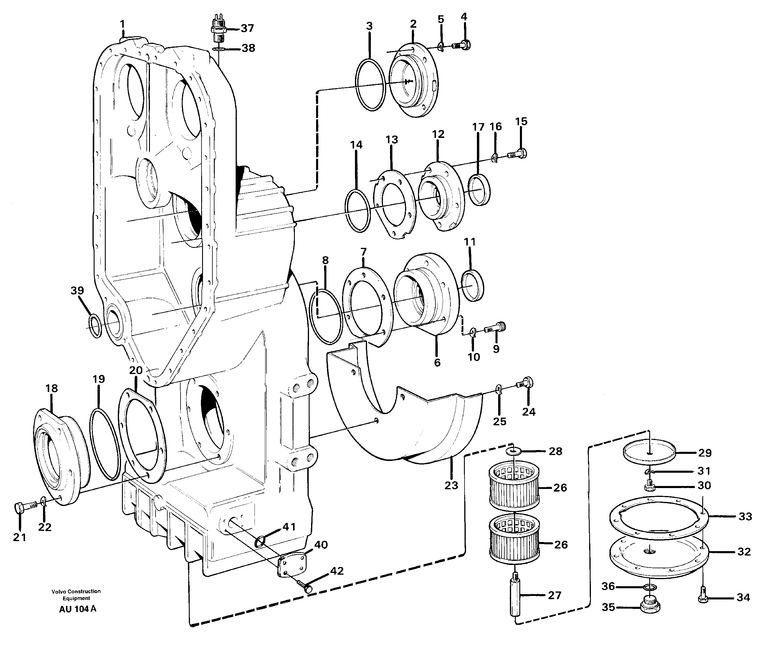 Схема запчастей Volvo L150C - 25485 Transfer case, housing and covers L150C S/N 2768-SWE, 60701-USA