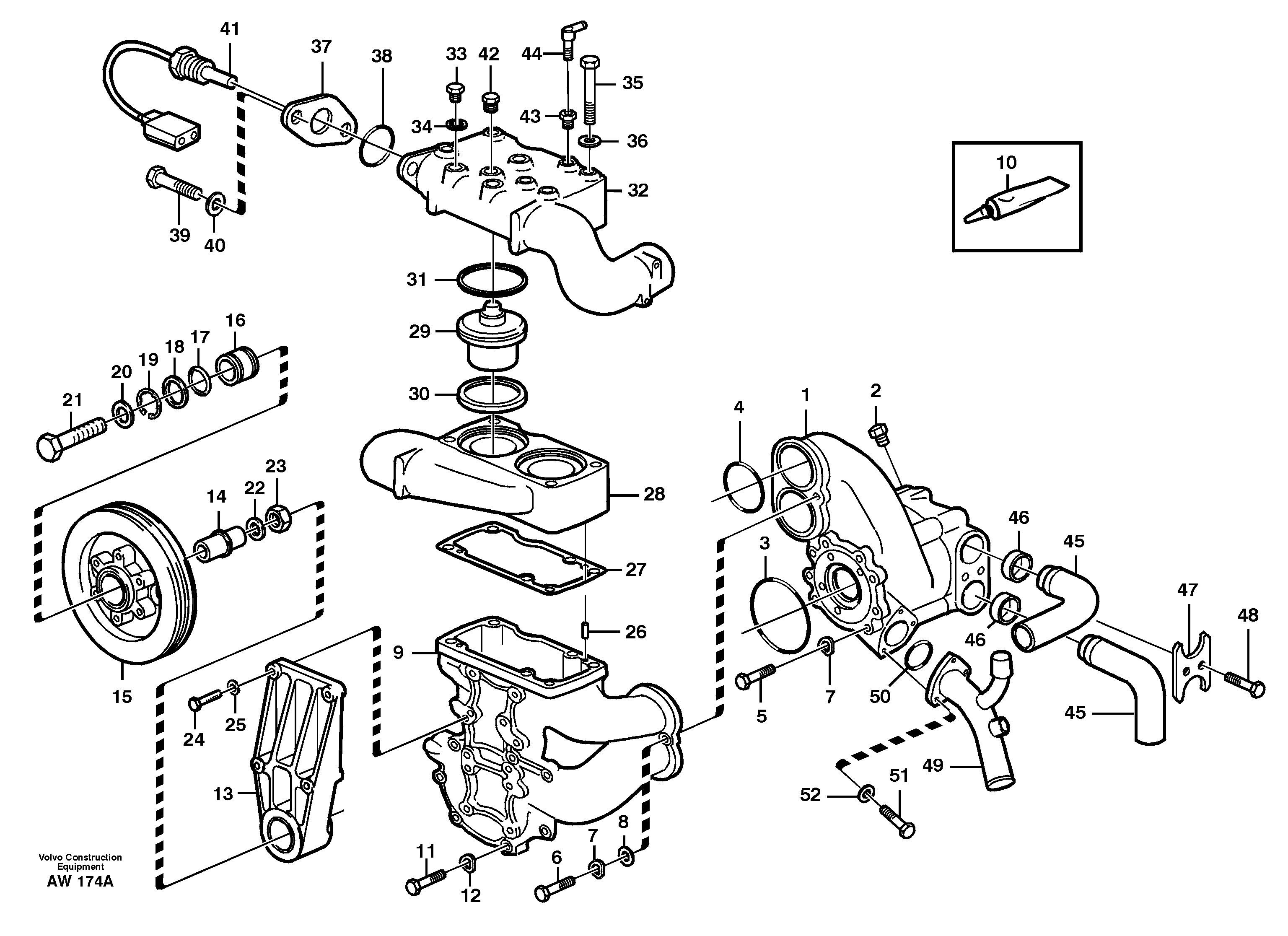 Схема запчастей Volvo L180C - 62659 Water pump with fitting parts L180C S/N 2533-SWE, 60465-USA