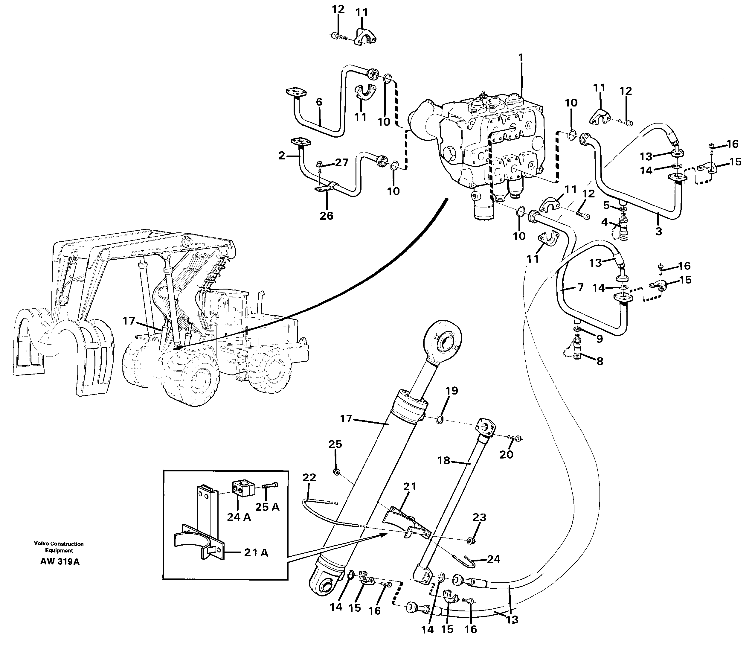 Схема запчастей Volvo L180C - 92335 Hydraulic cylinder with hose assembly, tilt function L180C S/N 2533-SWE, 60465-USA