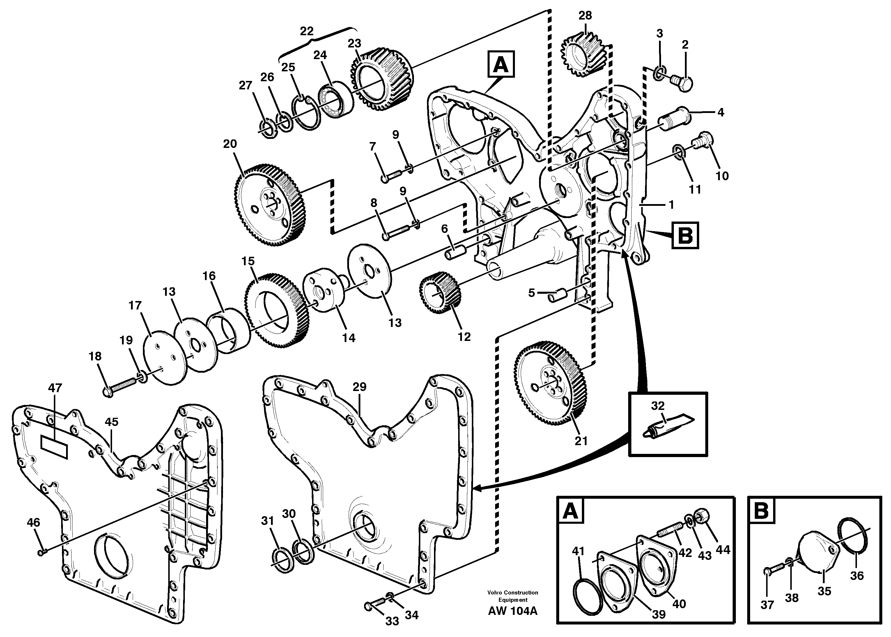 Схема запчастей Volvo L180C - 56085 Timing gear casing and gears L180C S/N 2533-SWE, 60465-USA