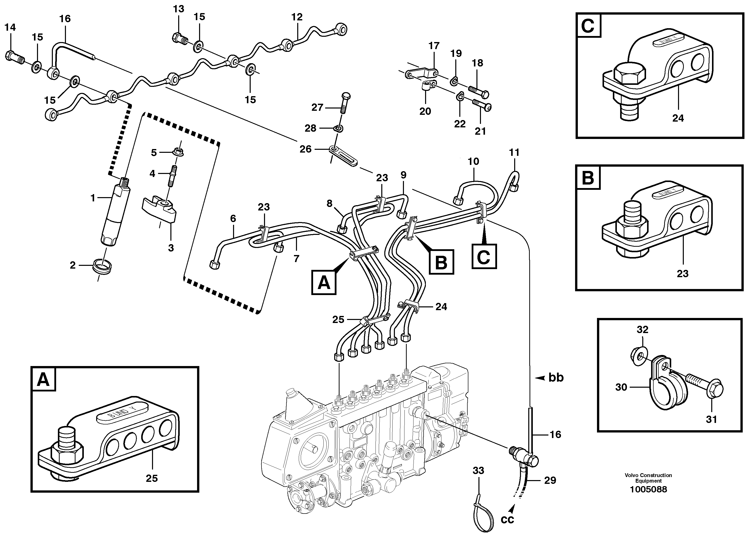 Схема запчастей Volvo L180C - 54528 Fuel lines, injectors L180C S/N 2533-SWE, 60465-USA