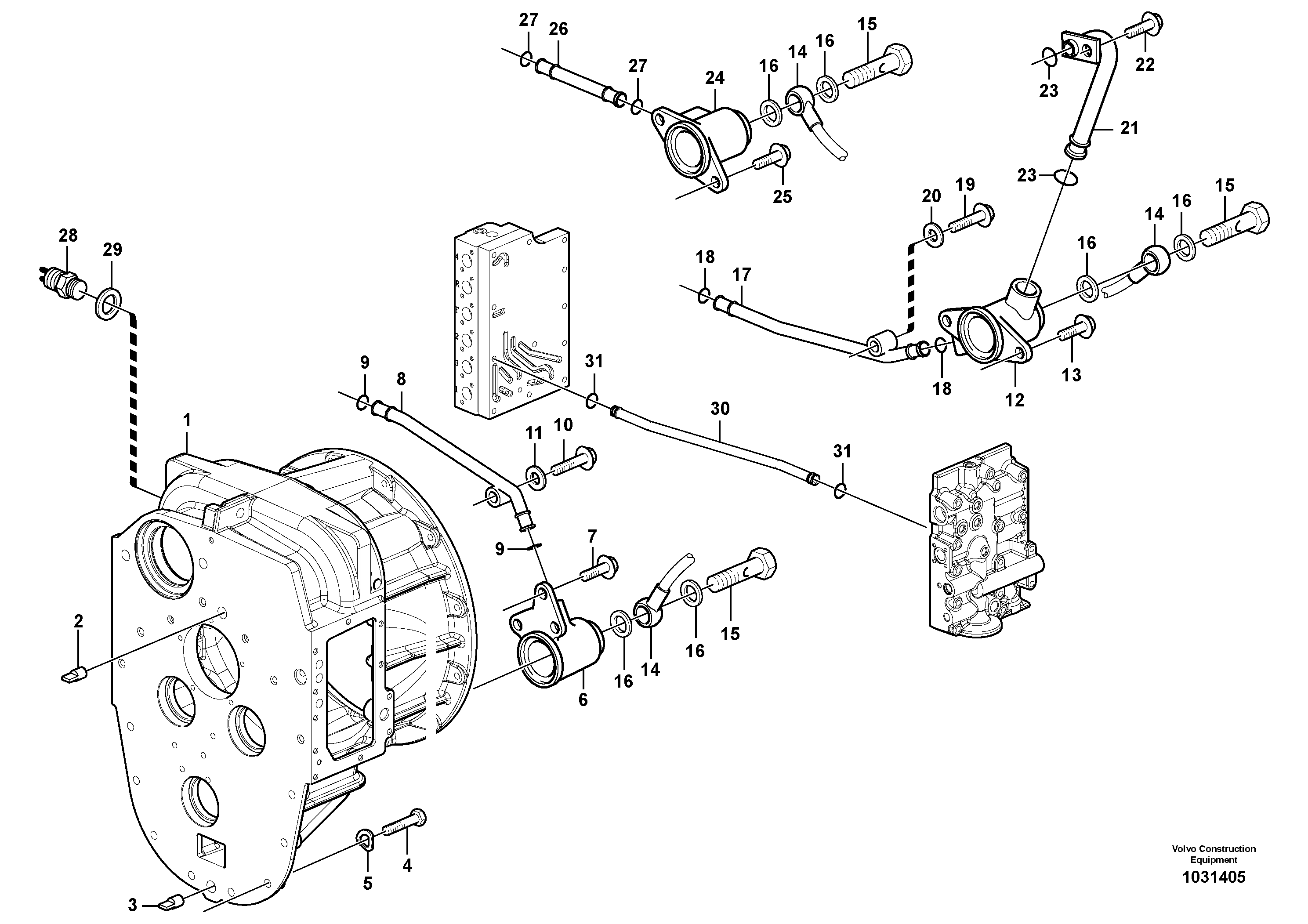 Схема запчастей Volvo L60F - 106772 Converter housing with fitting parts L60F