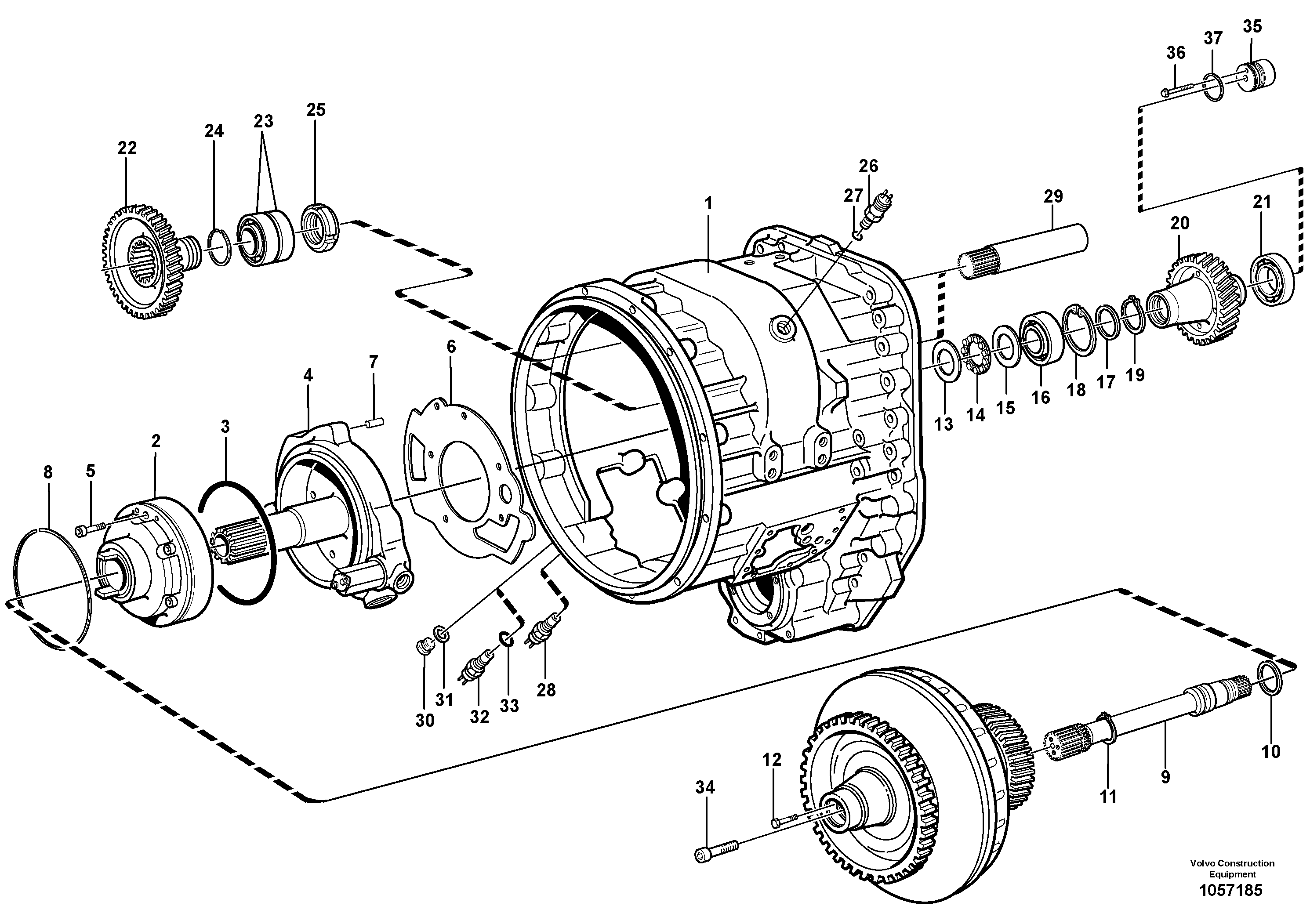 Схема запчастей Volvo L150F - 102909 Converter housing, gears and shafts L150F