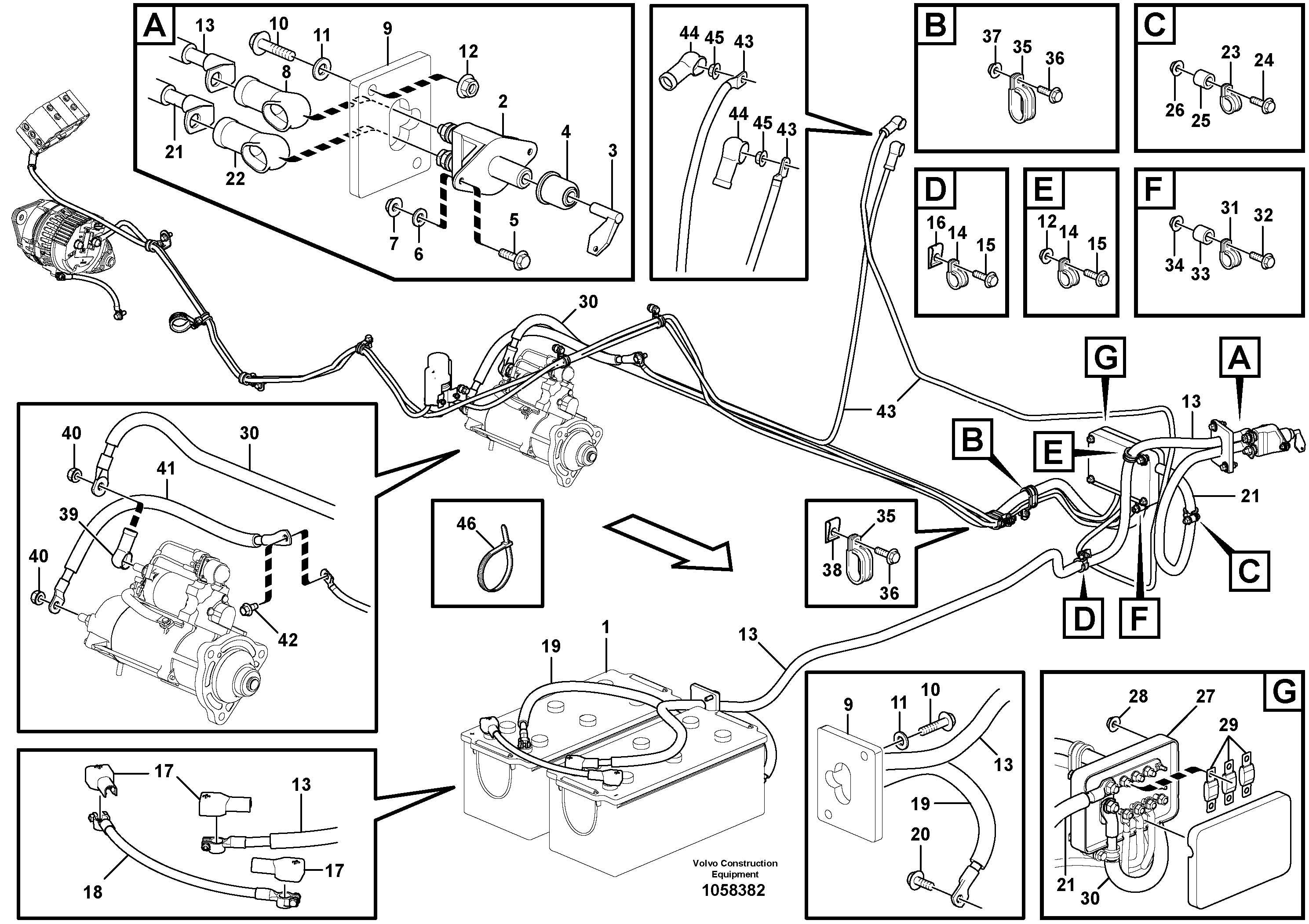 Схема запчастей Volvo L150G - 101786 Cables between battery, fuse box, starter motor and cab L150G