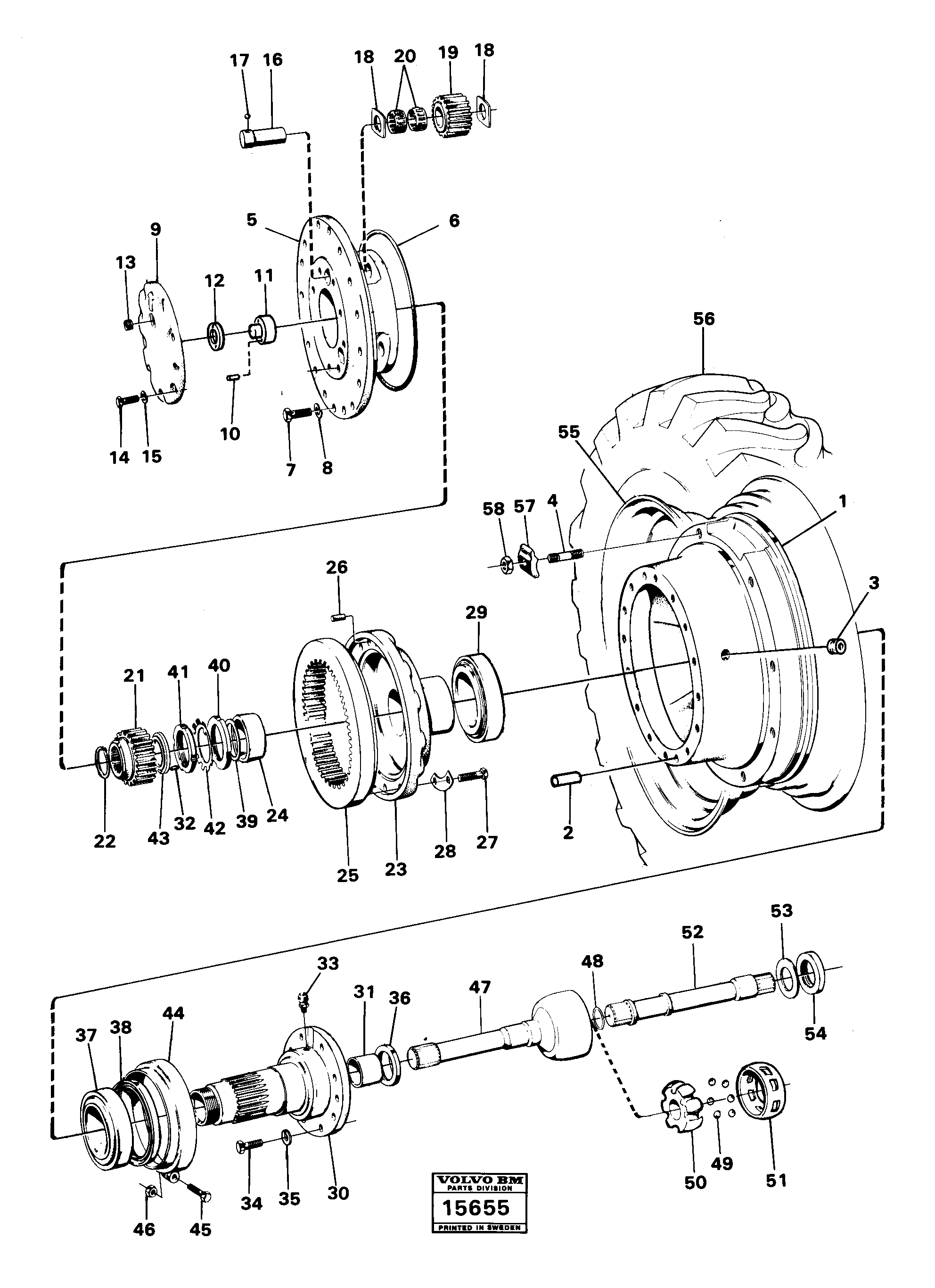 Схема запчастей Volvo 616B/646 616B,646 D45, TD45 - 22220 Wheels hubs,reduction gear and drive shafts 646 