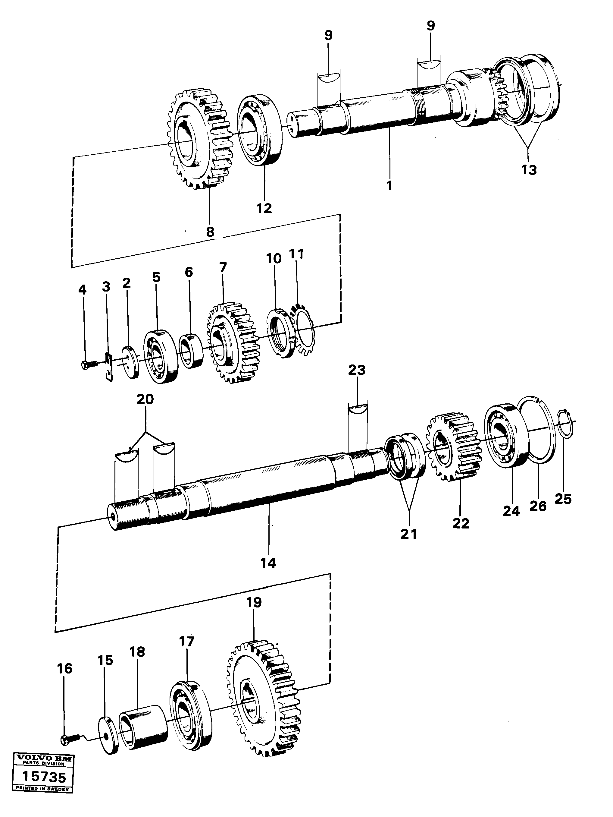 Схема запчастей Volvo 616B/646 616B,646 D45, TD45 - 19357 Upper and lower shafts 