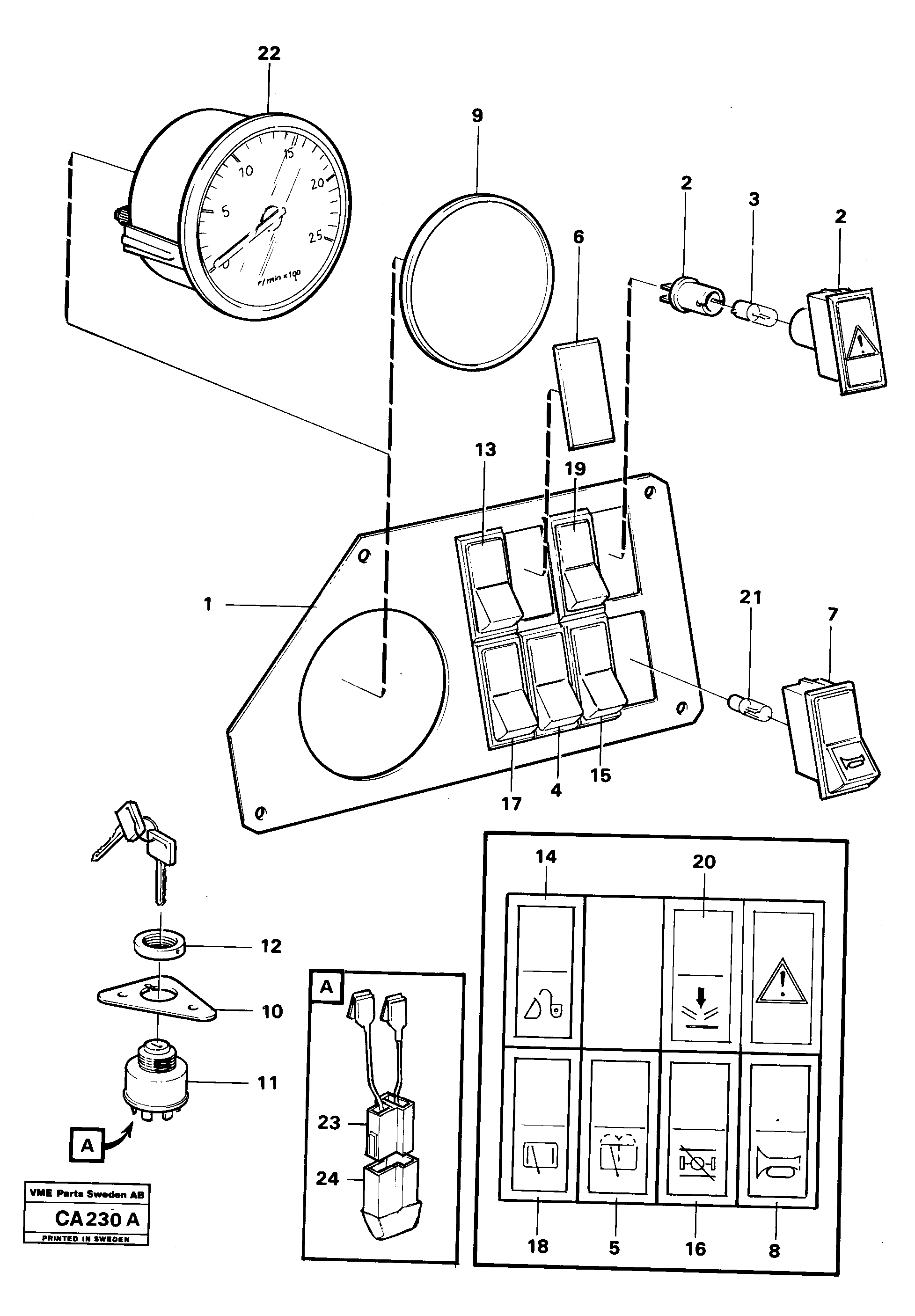 Схема запчастей Volvo 6300 6300 - 62090 Instrument panel rear and ignition lock 