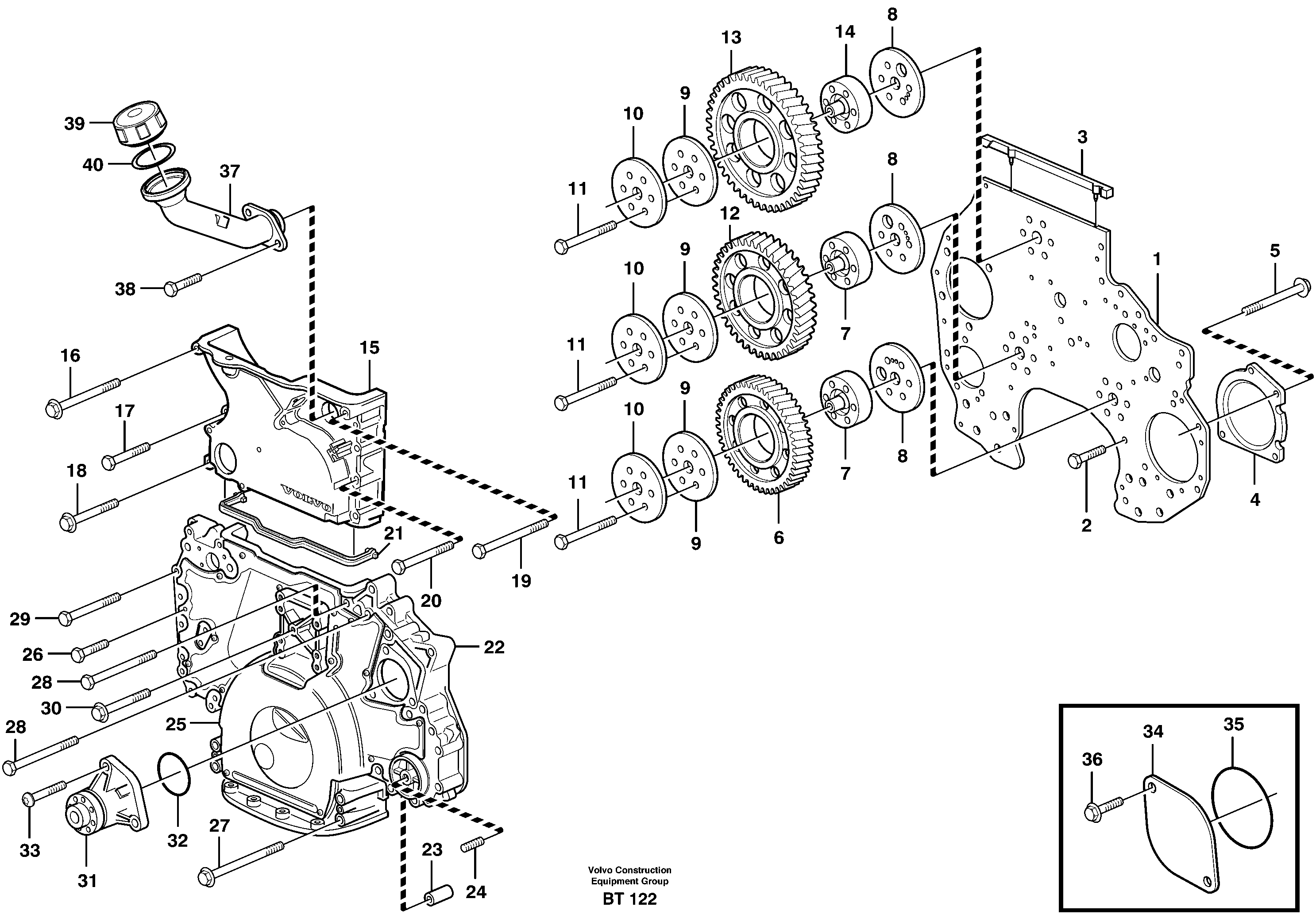 Схема запчастей Volvo T450D - 74897 Timing gear casing and gears 