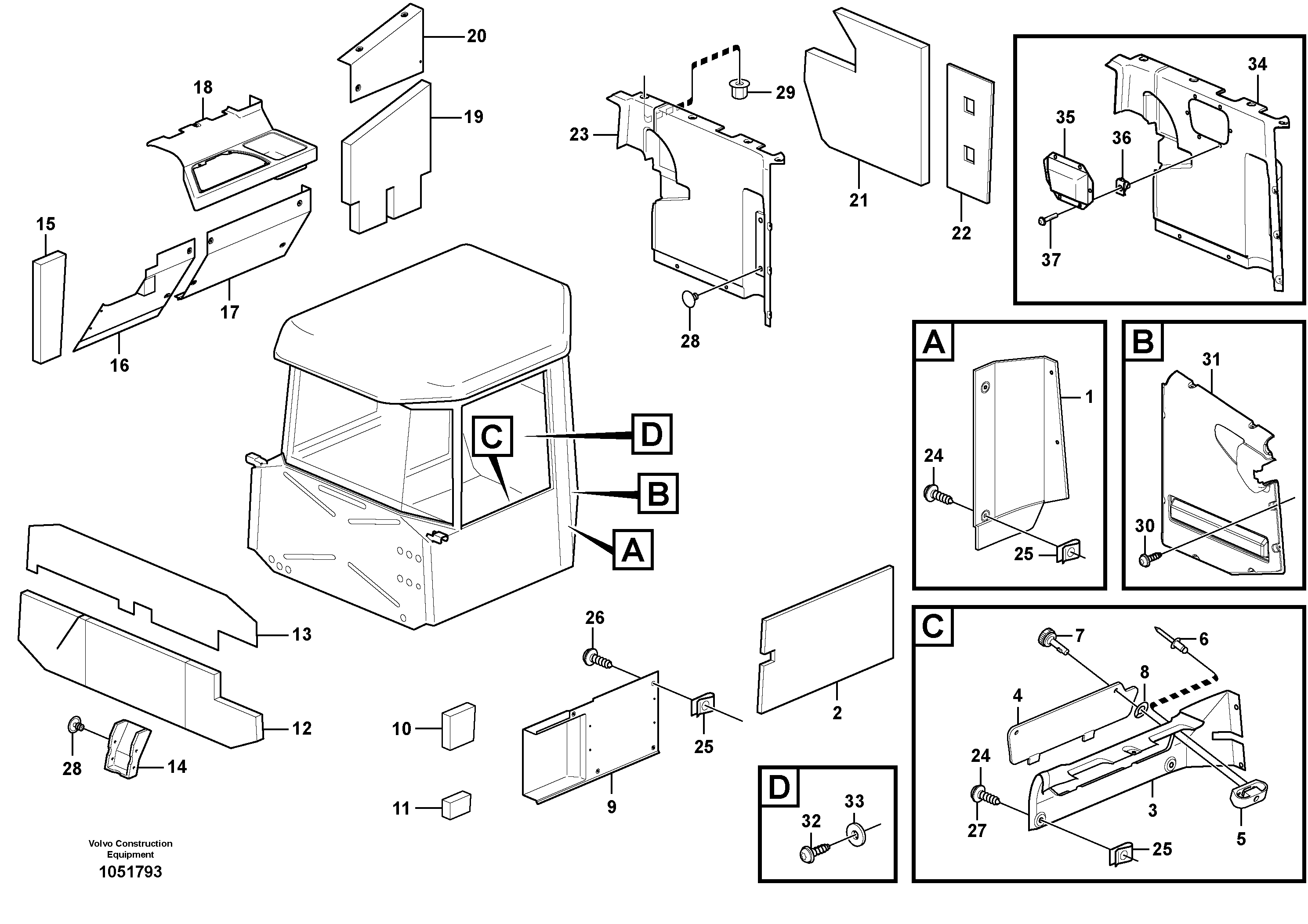 Схема запчастей Volvo A30E - 80722 Upholstery and insulation, cab side and climate unit 