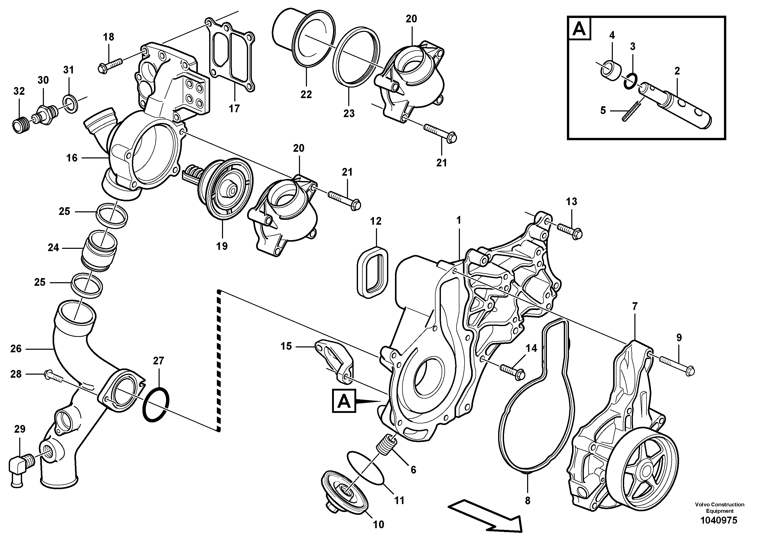 Схема запчастей Volvo A30E - 23213 Water pump and thermostat housing 