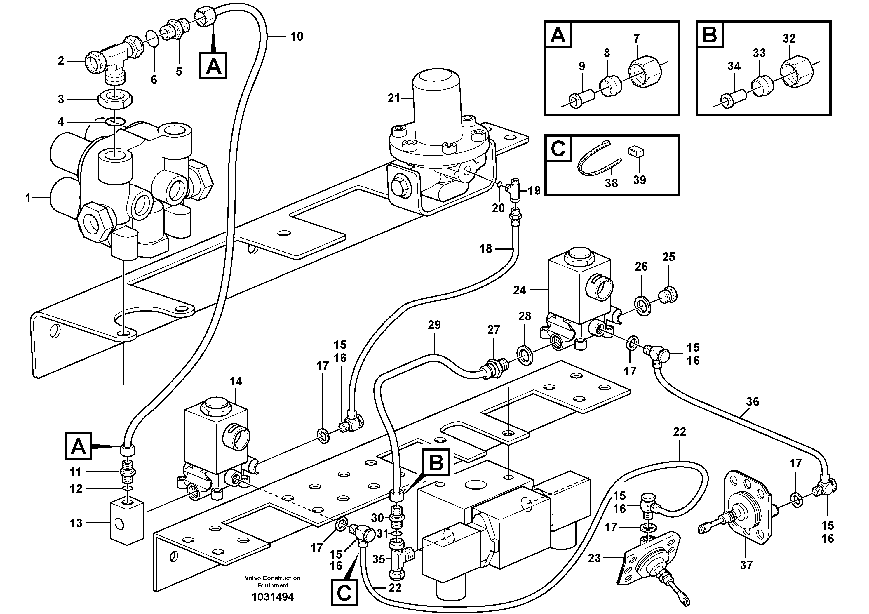 Схема запчастей Volvo A30E - 103338 Pneumatic system, diff lock, cab 