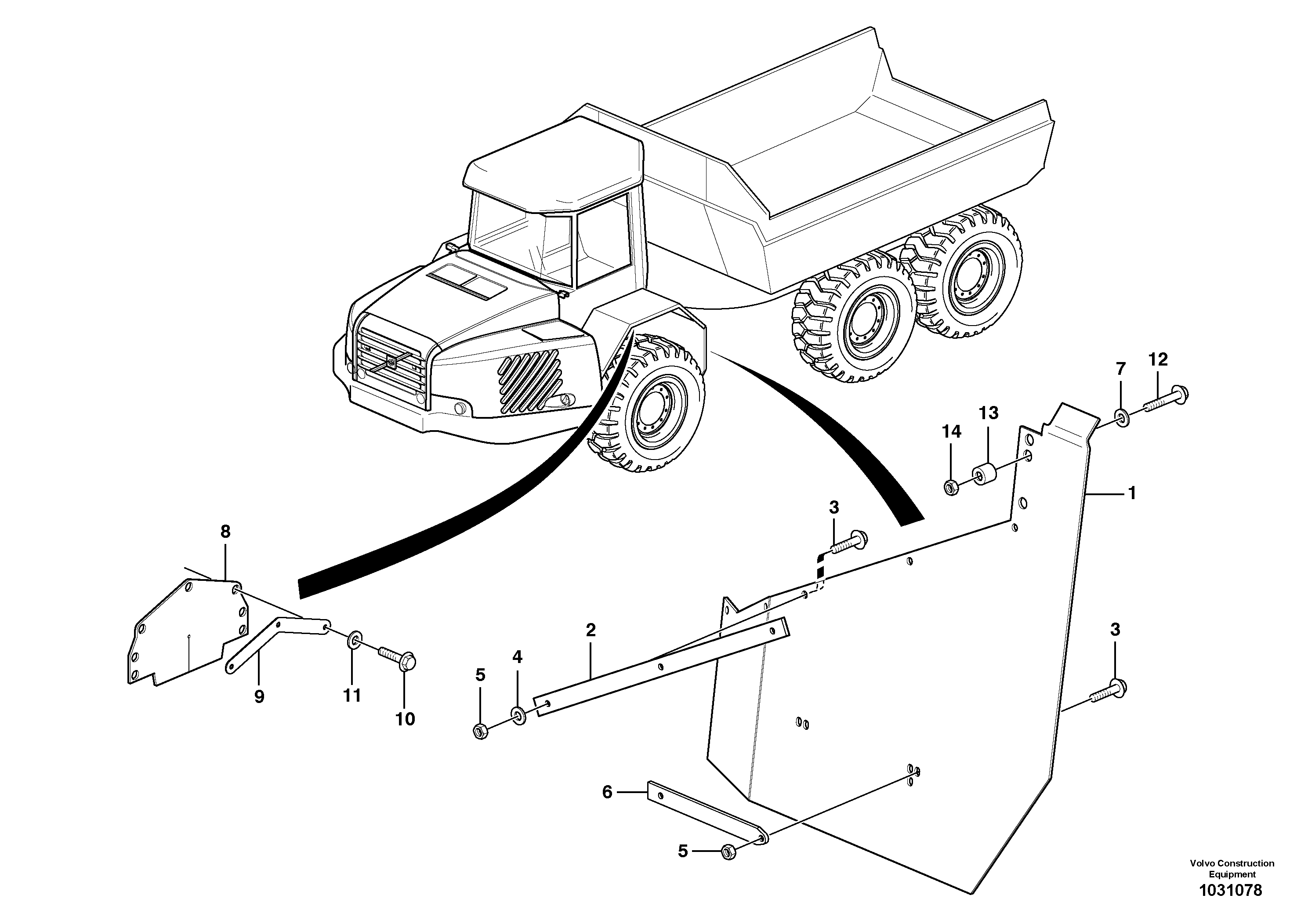 Схема запчастей Volvo A35E - 35982 Mudflap, motor unit 