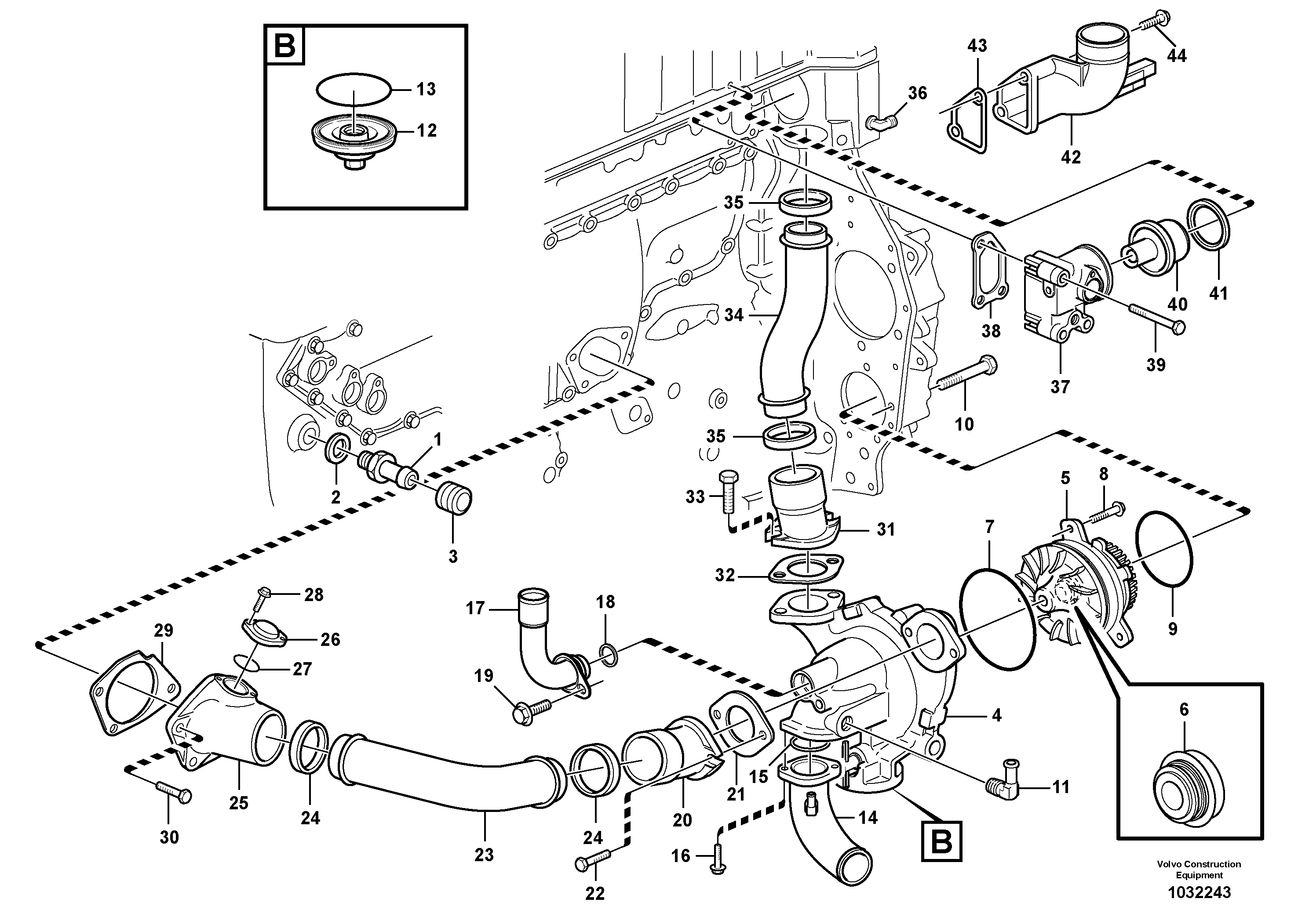 Схема запчастей Volvo A35E - 23474 Water pump and thermostat housing 