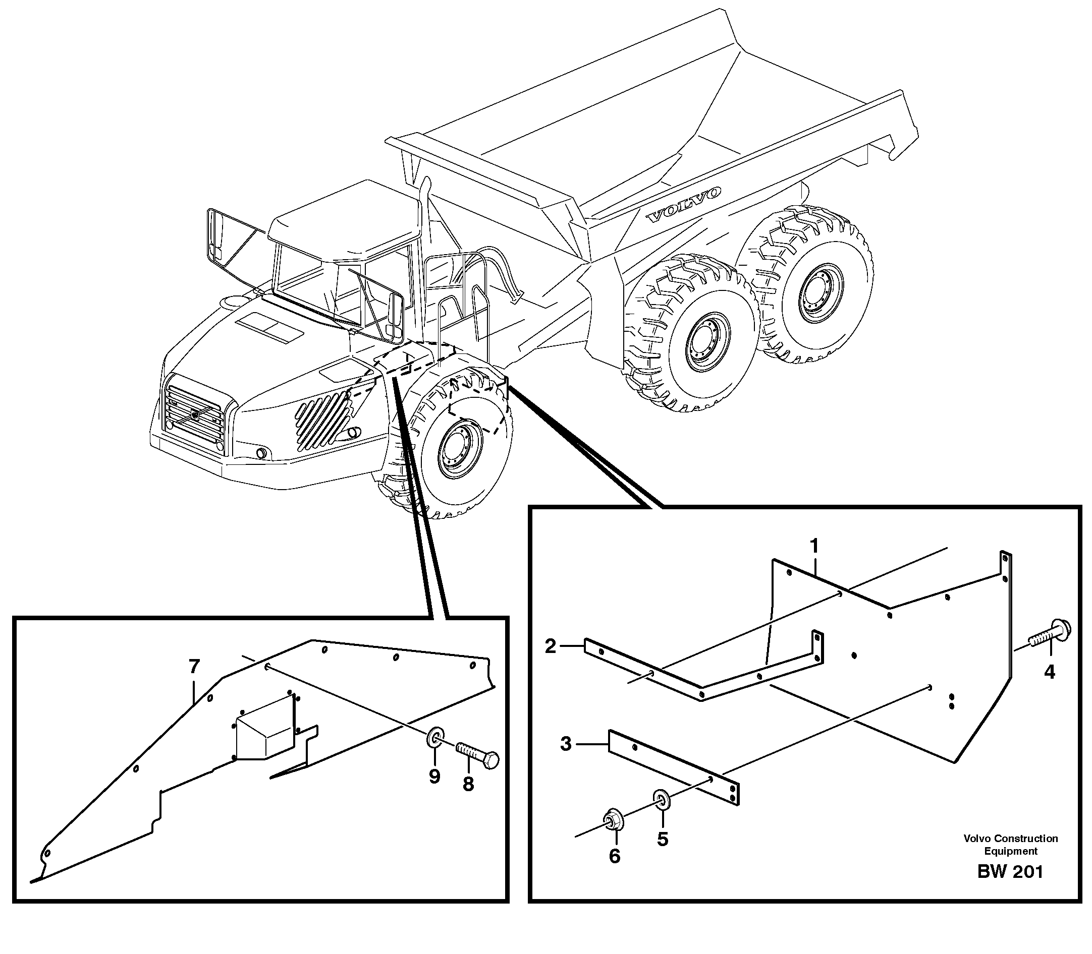 Схема запчастей Volvo A30D - 767 Mudflap, motor unit A30D S/N 12001 - S/N 73000 - BRA