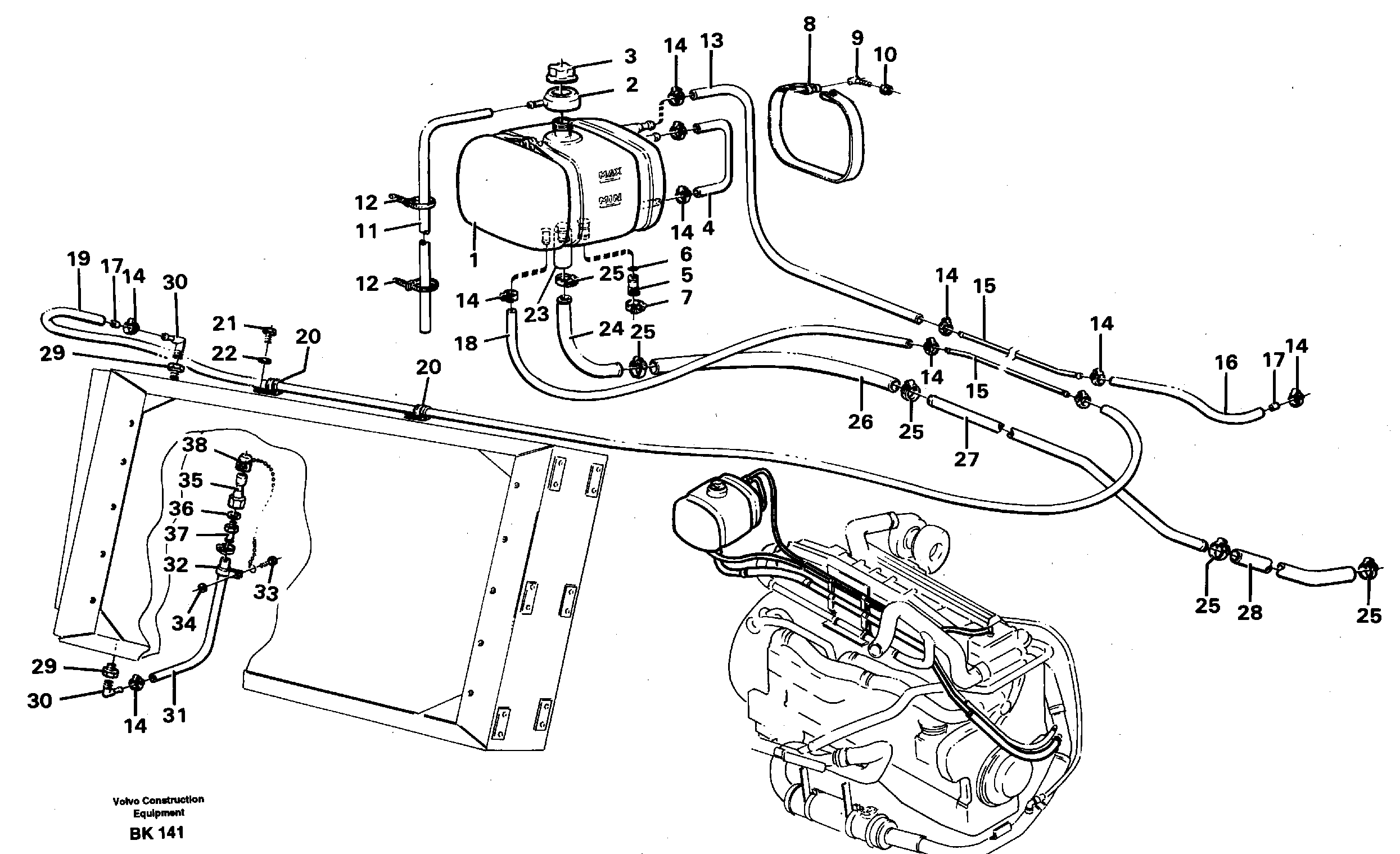 Схема запчастей Volvo A35C - 90601 Бак (бачок) расширительный и трубки A35C VOLVO BM VOLVO BM A35C SER NO - 4620