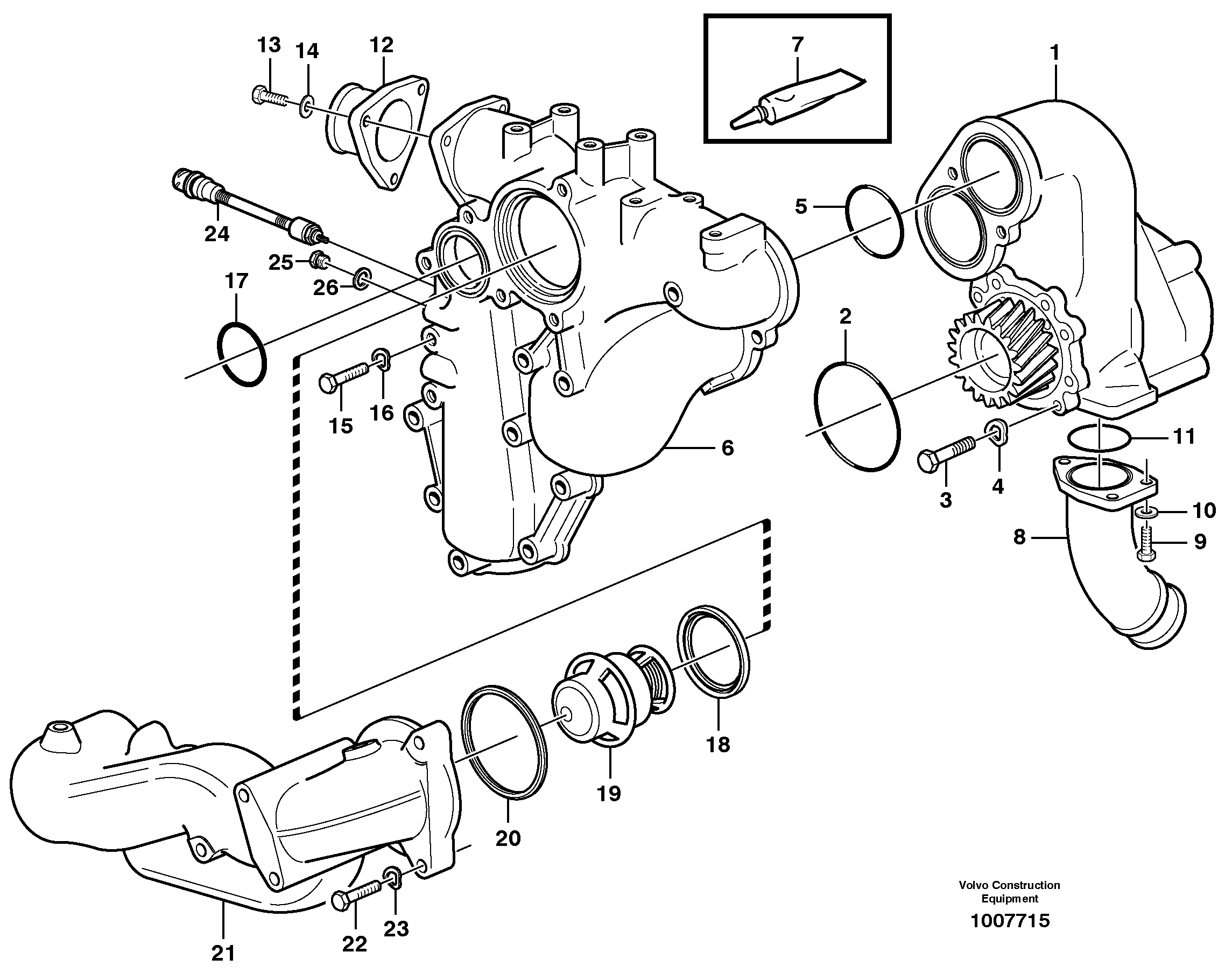 Схема запчастей Volvo A25D - 11923 Water pump and thermostat housing A25D S/N -12999, - 61118 USA