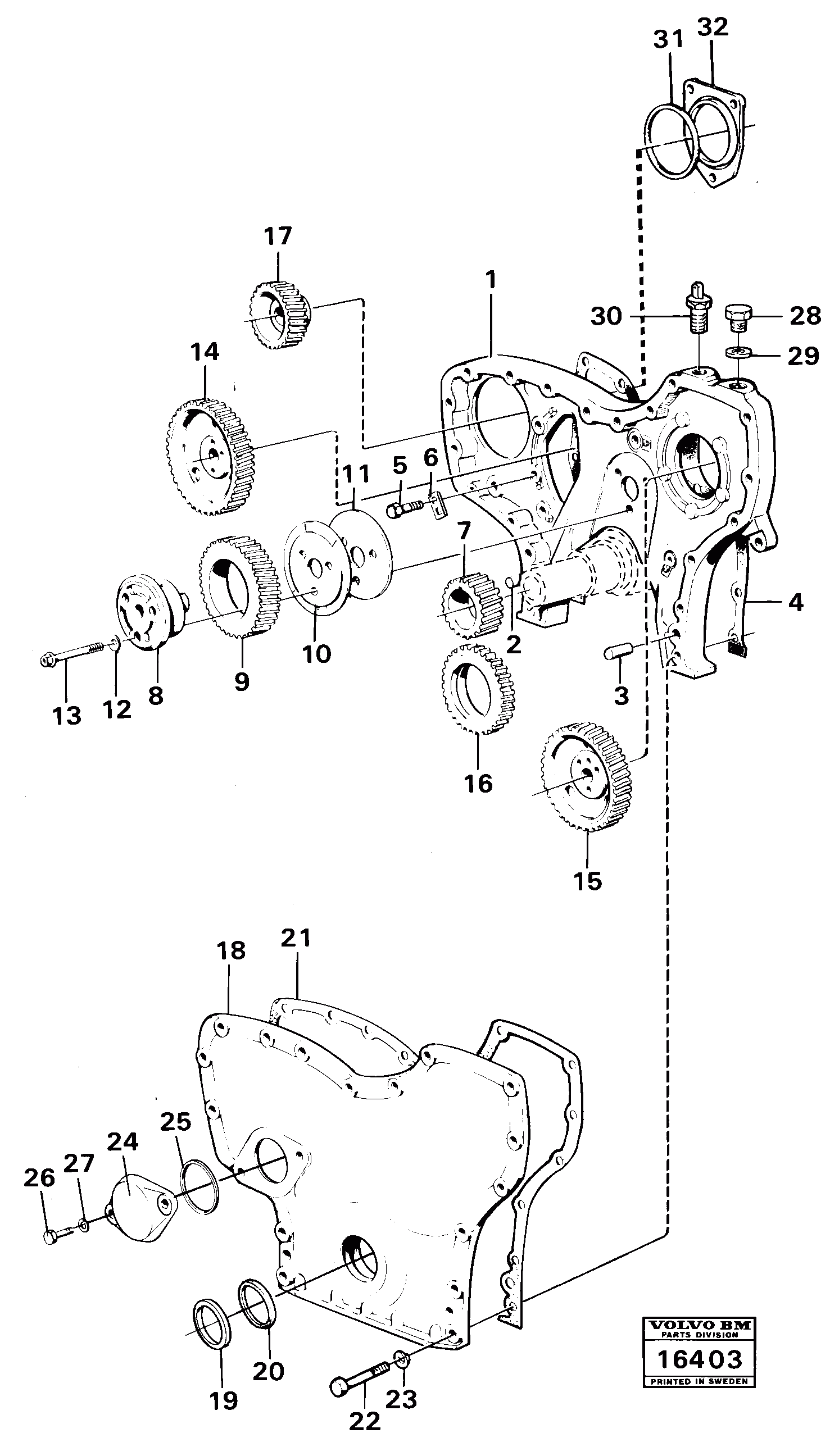 Схема запчастей Volvo 5350B Volvo BM 5350B SER NO 2229 - 3999 - 15818 Timing gear and timing gear cover Td 70 G 