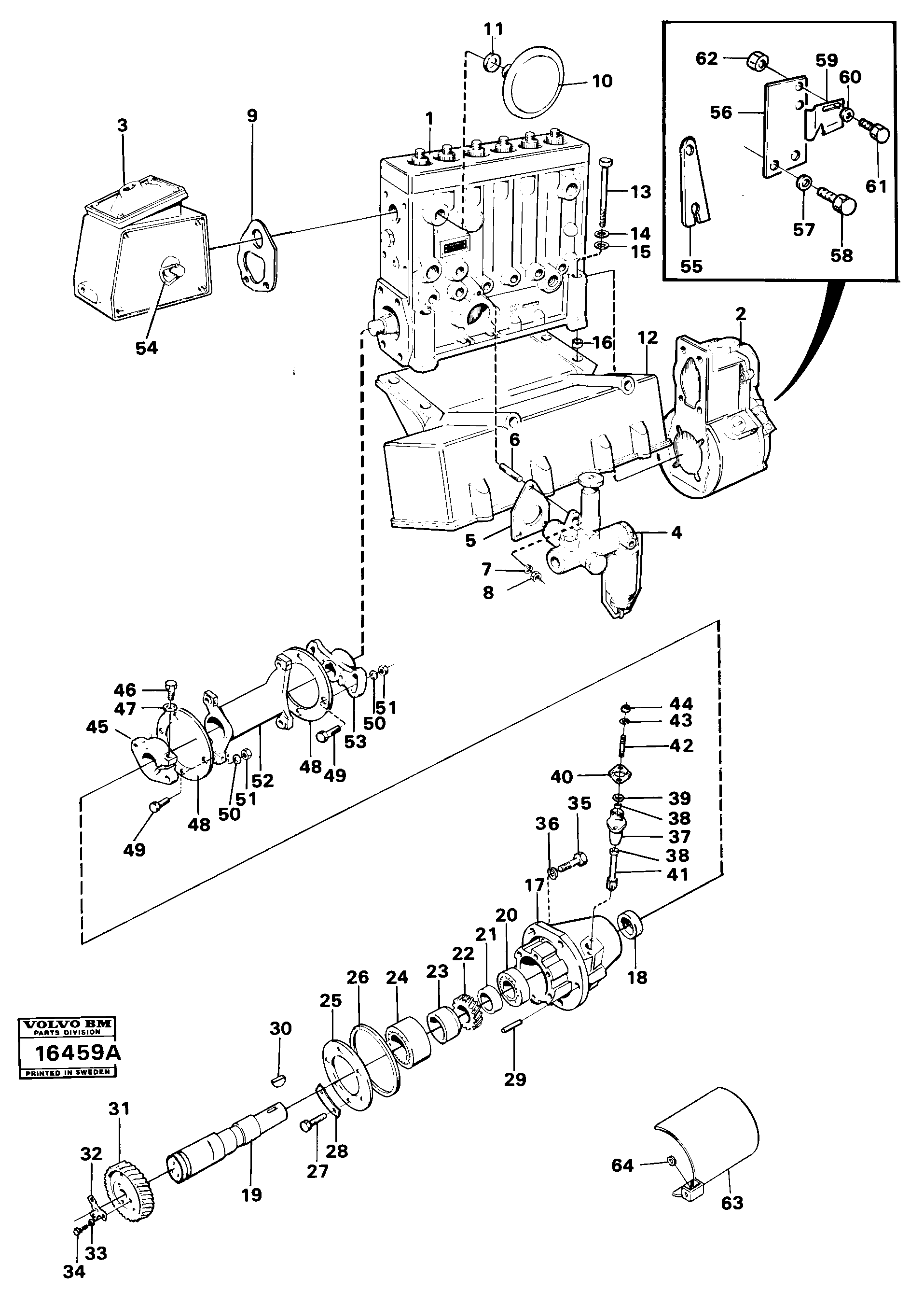 Схема запчастей Volvo 5350B Volvo BM 5350B SER NO 2229 - 3999 - 89120 Fuel injection pump with fitting parts Td 70 G 