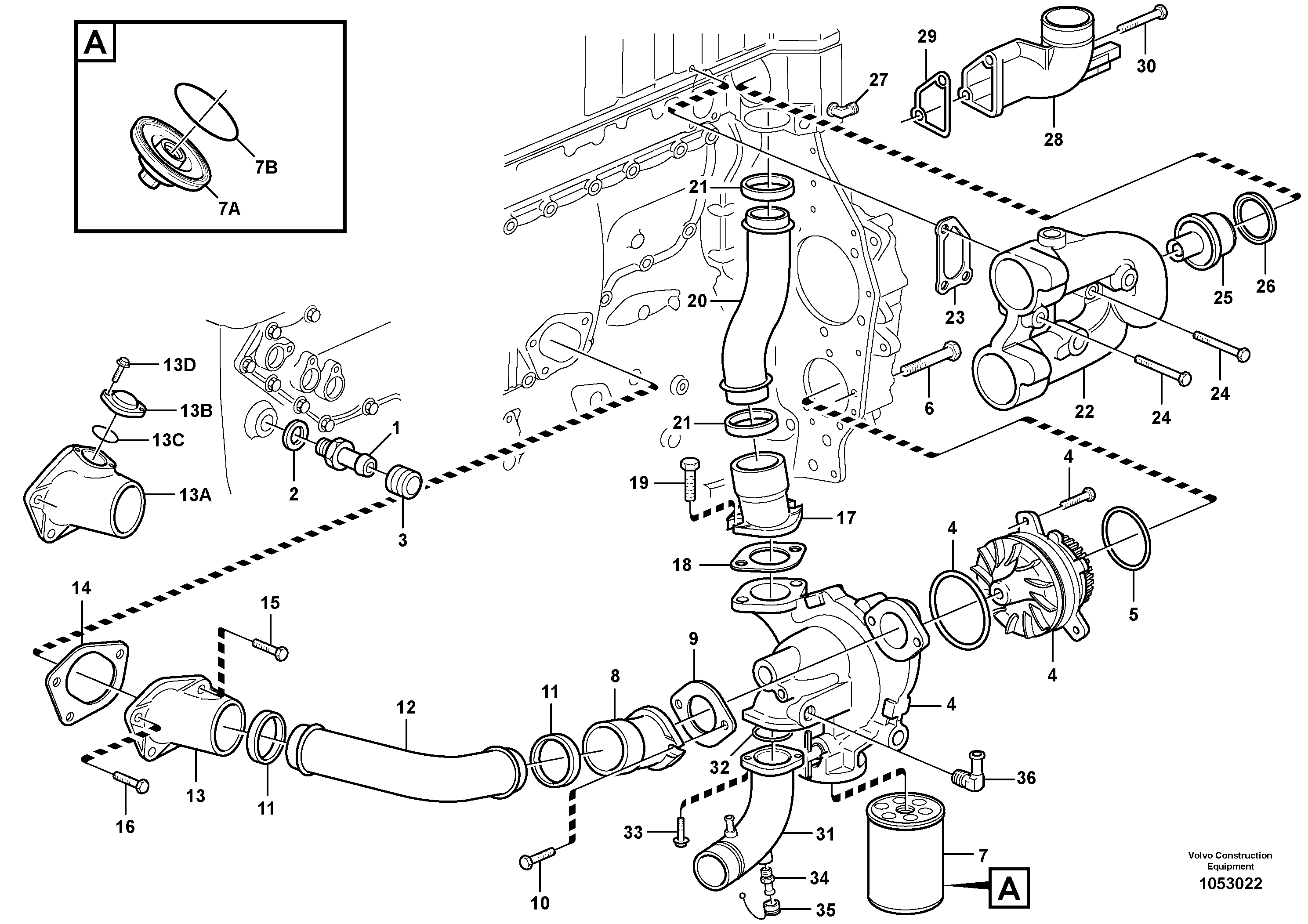 Схема запчастей Volvo A35D - 64726 Water pump and thermostat housing 