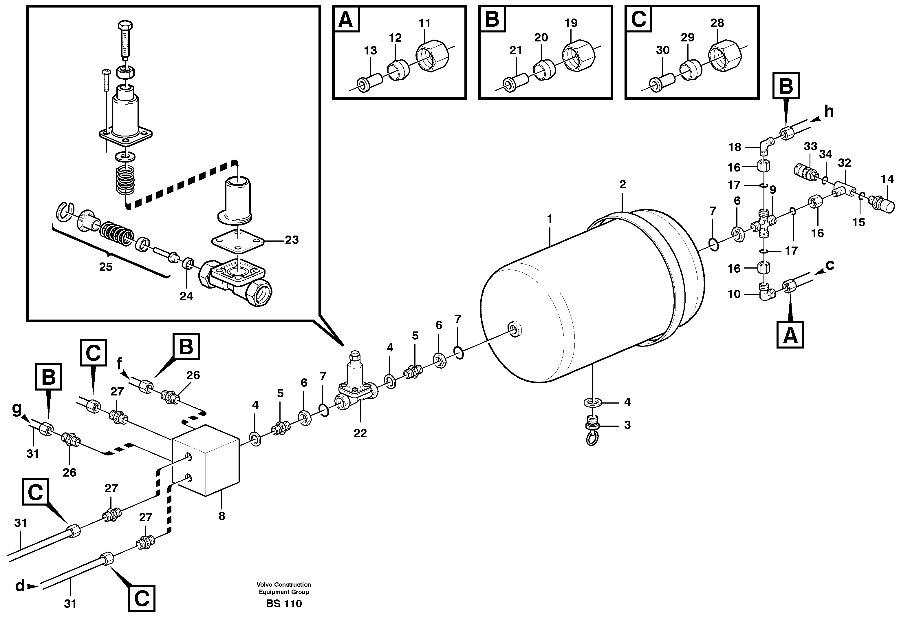 Схема запчастей Volvo A35D - 64002 Compressed-air reservoir with fitting parts 