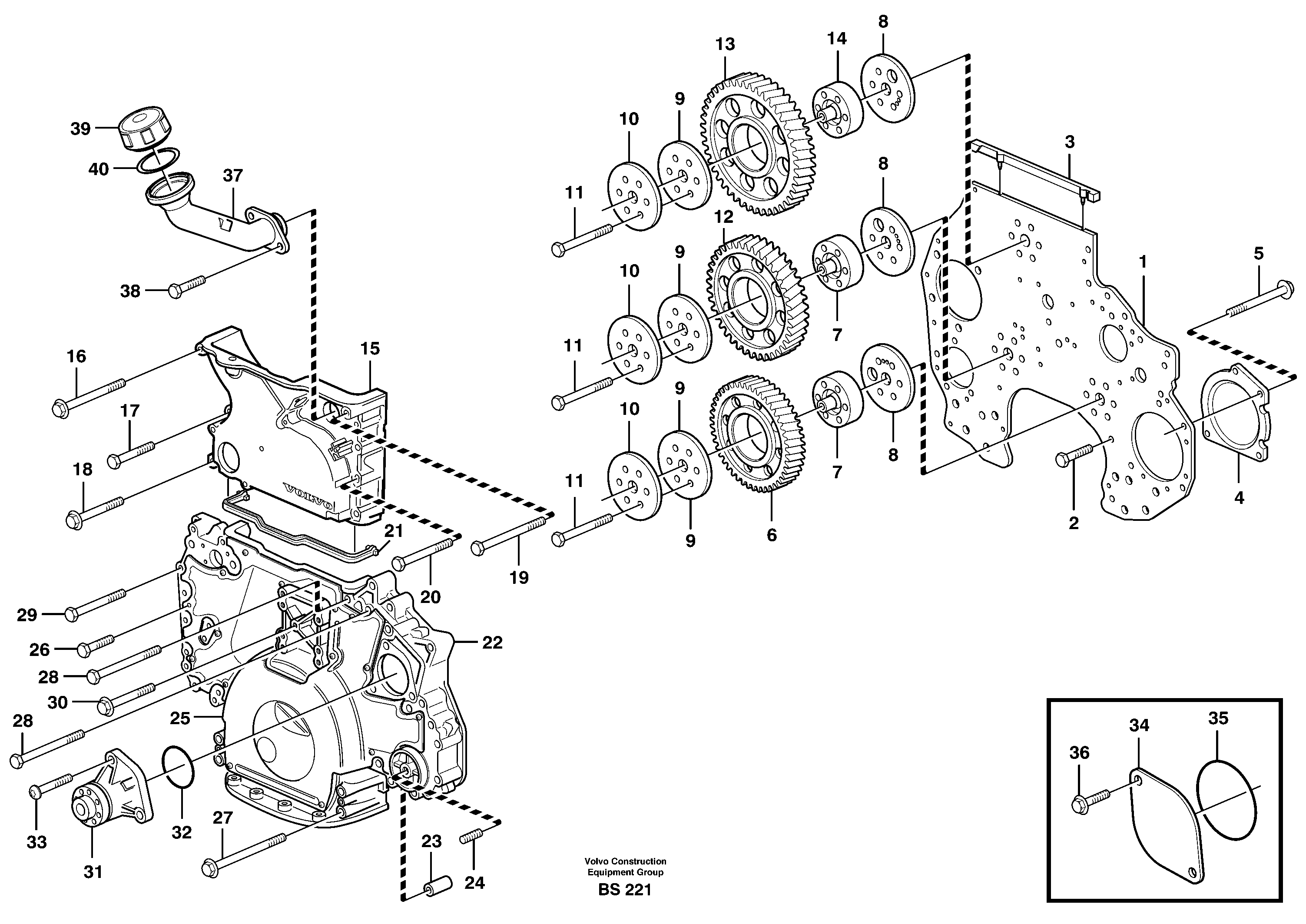 Схема запчастей Volvo A35D - 76449 Timing gear casing and gears 