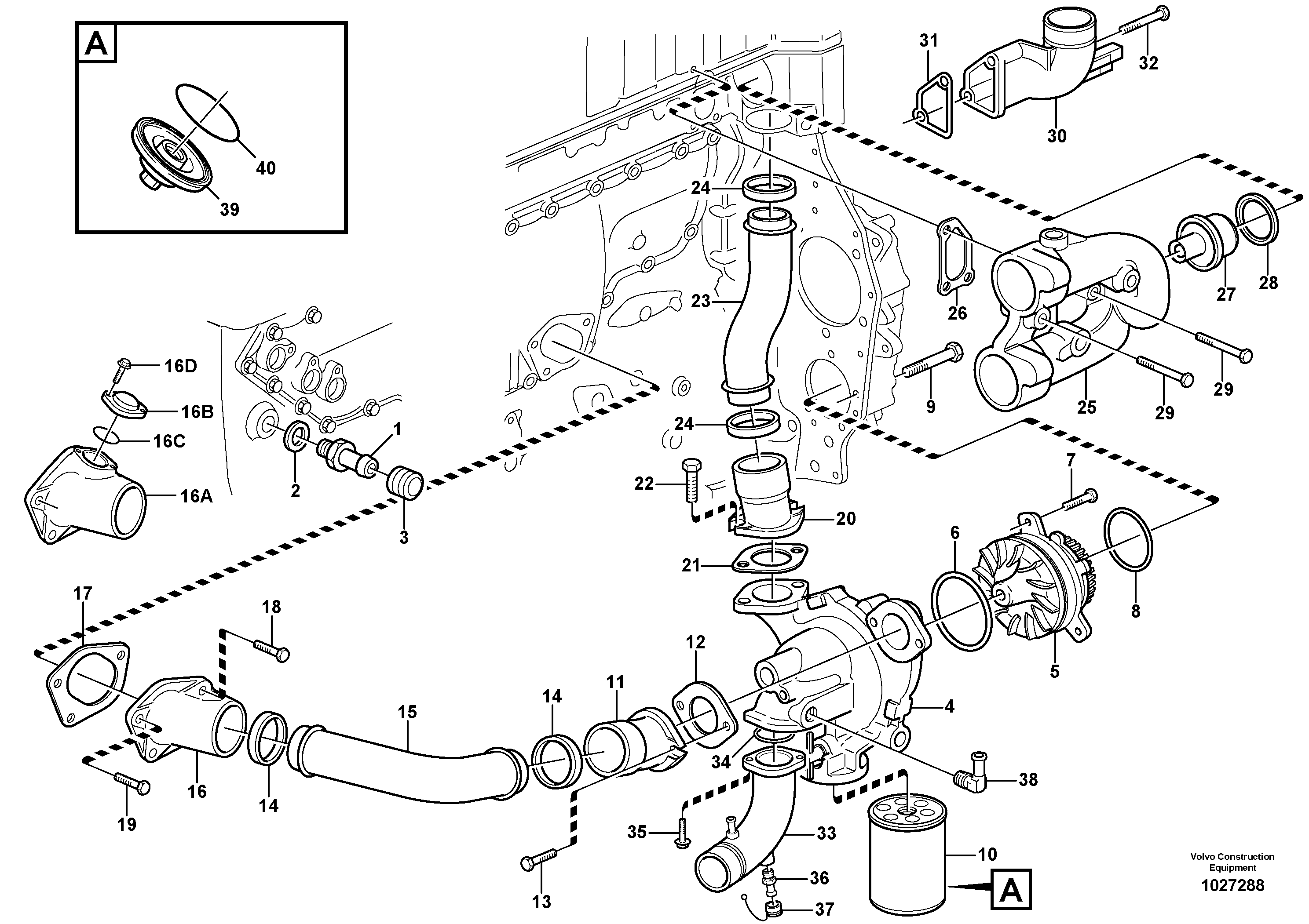 Схема запчастей Volvo A40D - 52697 Water pump and thermostat housing 