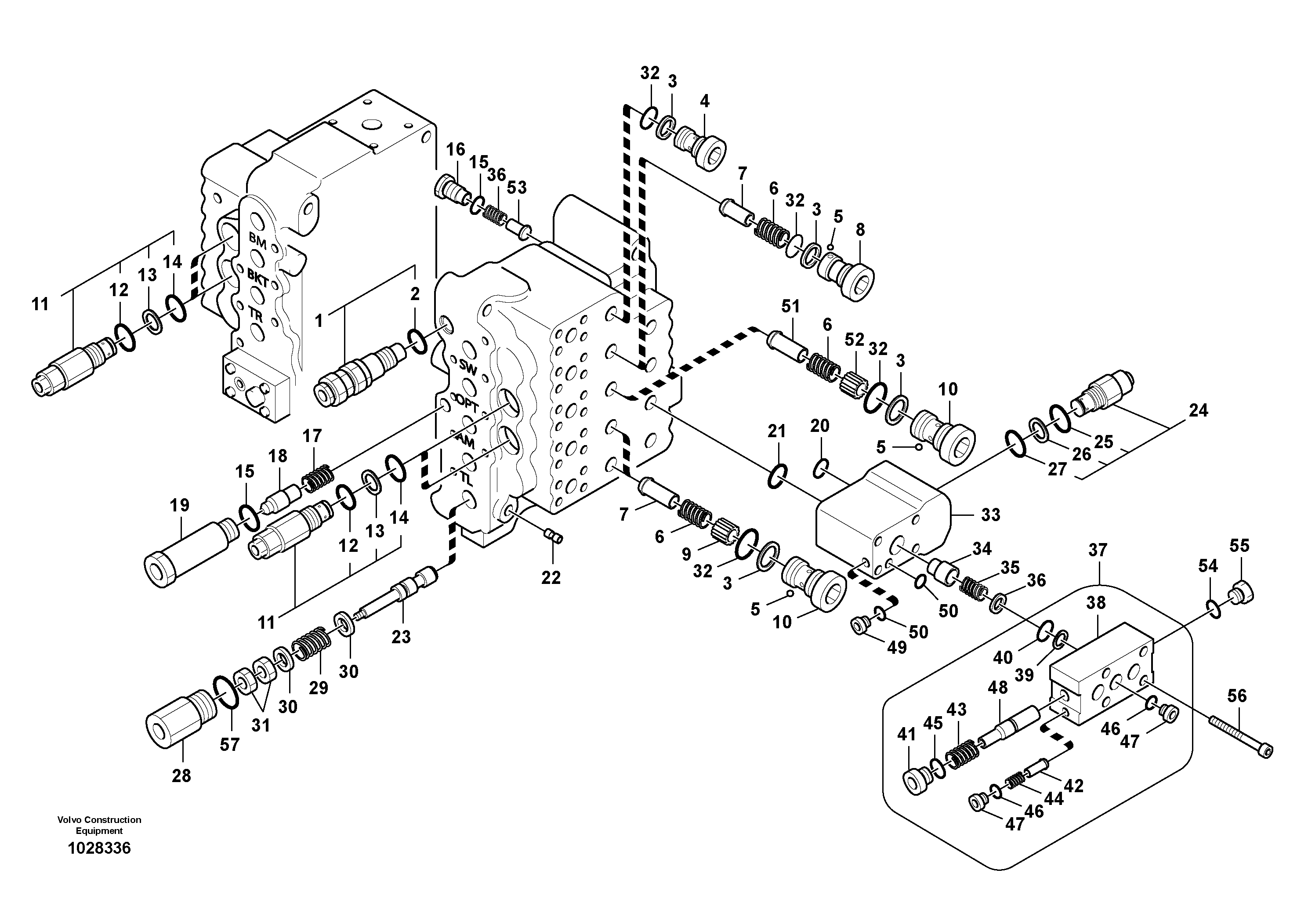 Схема запчастей Volvo EC135B SER NO 20001- - 70564 Main control valve, relief valve and dipper arm holding 