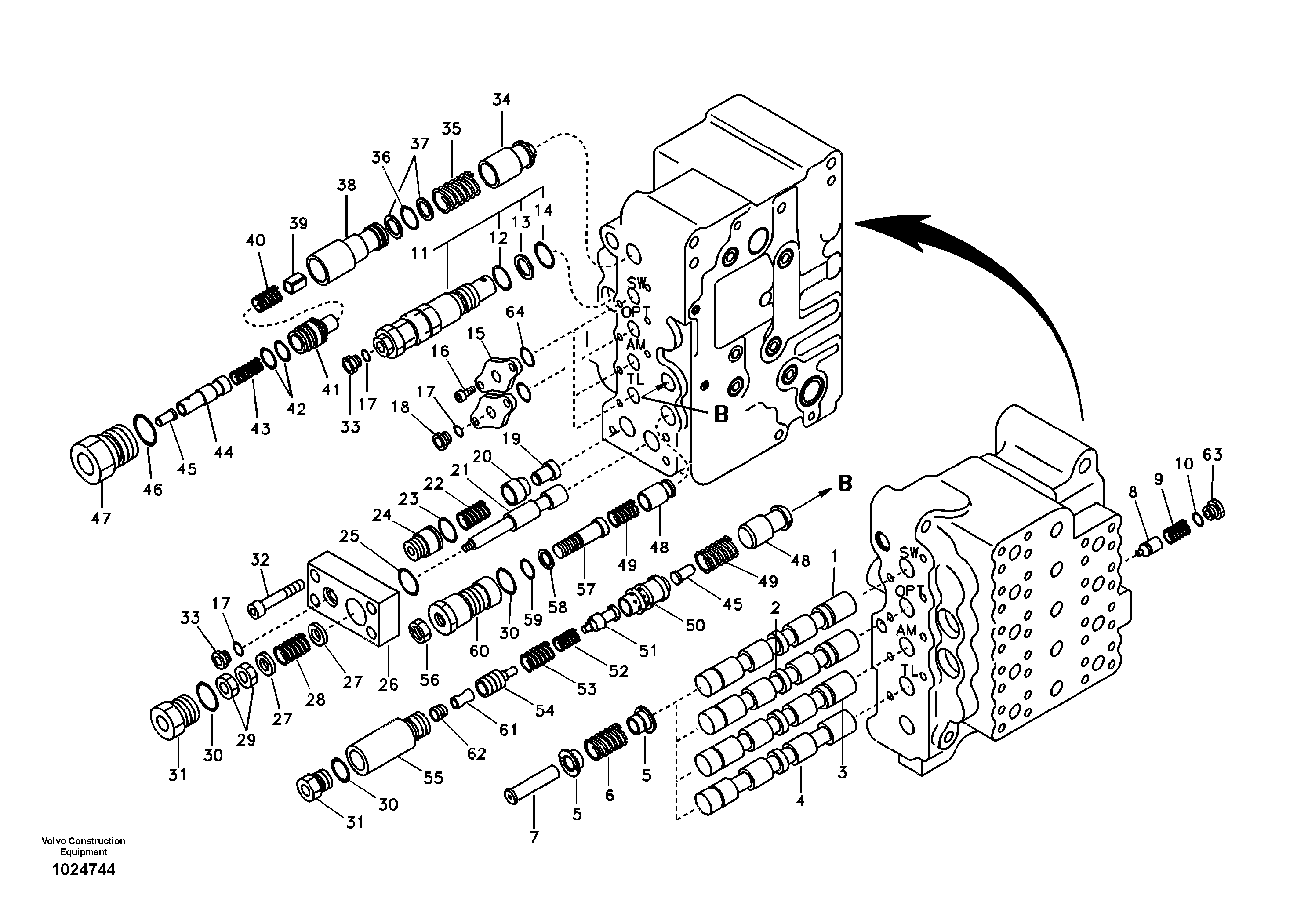 Схема запчастей Volvo EC135B SER NO 20001- - 7889 Main control valve, swing and option and dipper arm and travel Lh 