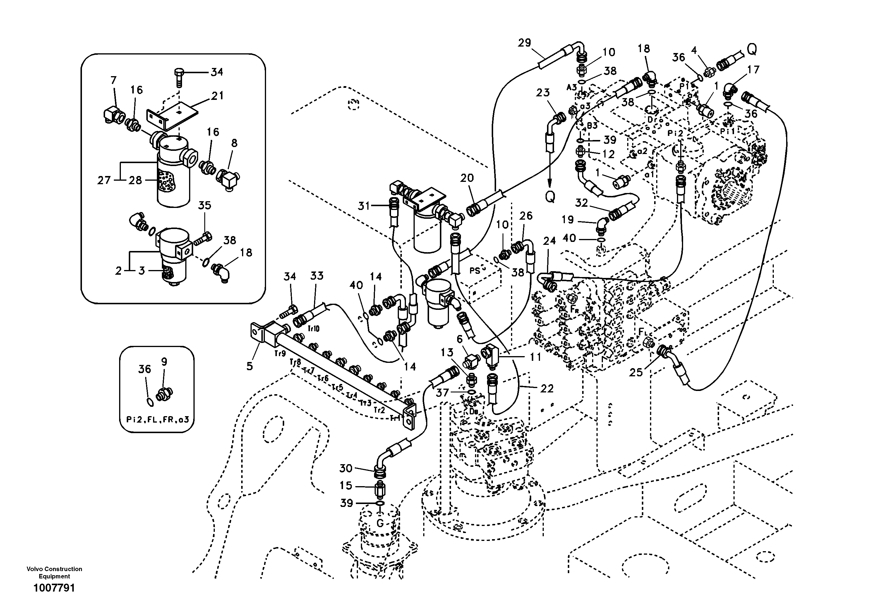 Схема запчастей Volvo EC135B SER NO 20001- - 16605 Servo system, pump piping and filter mount 