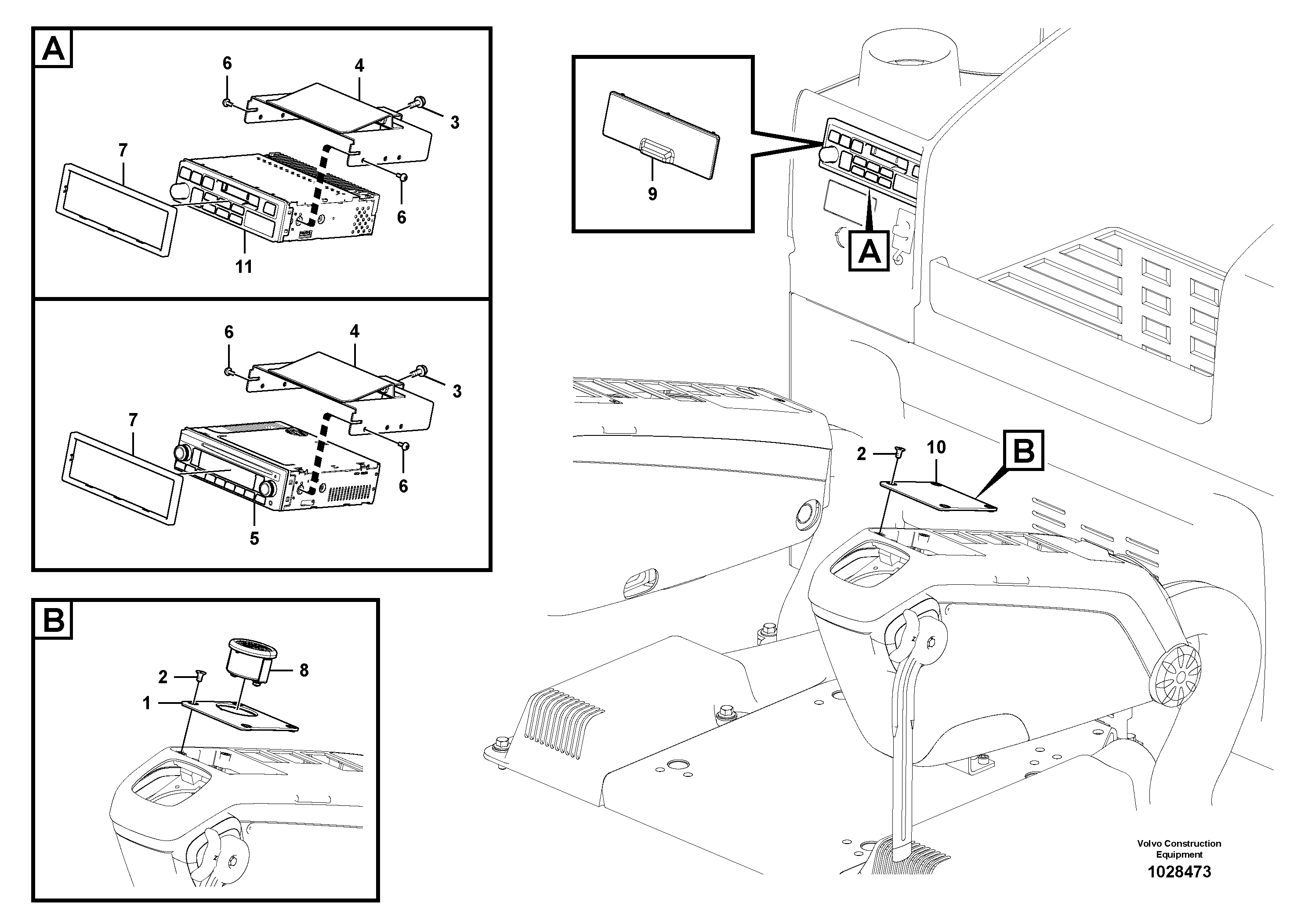 Схема запчастей Volvo FC2421C - 34864 Cassette radio recorder with mounting details 