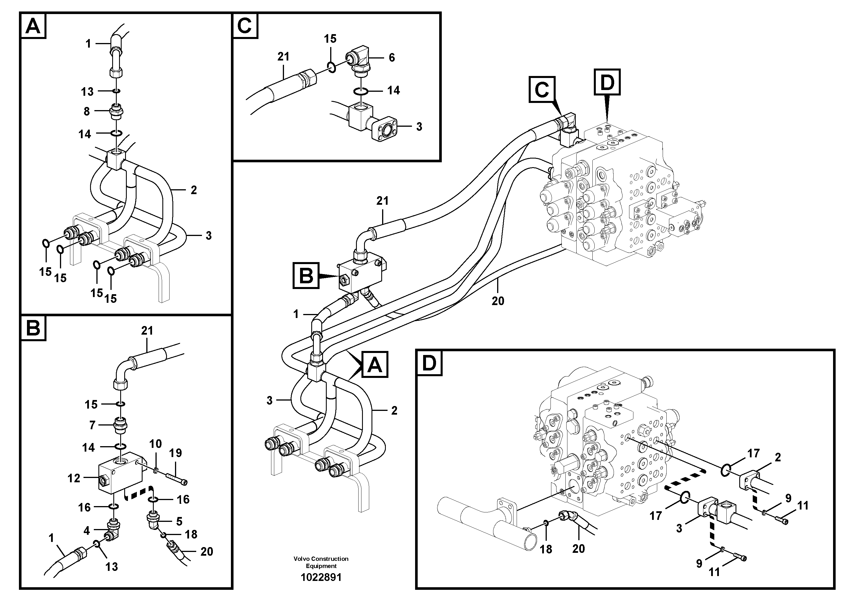 Схема запчастей Volvo FC3329C - 38363 Hydraulic system, control valve to boom and swing 