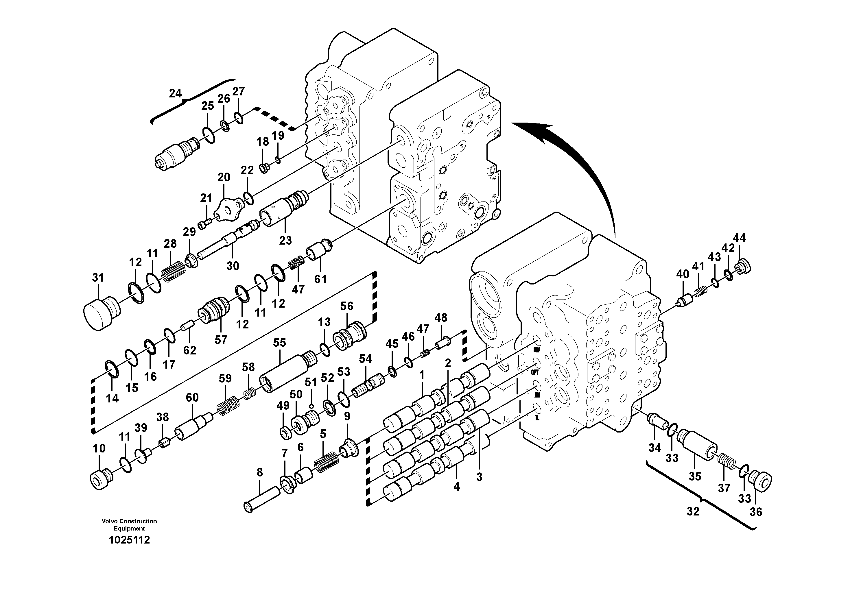 Схема запчастей Volvo FC3329C - 76383 Main control valve, swing and option and dipper arm and travel Lh 