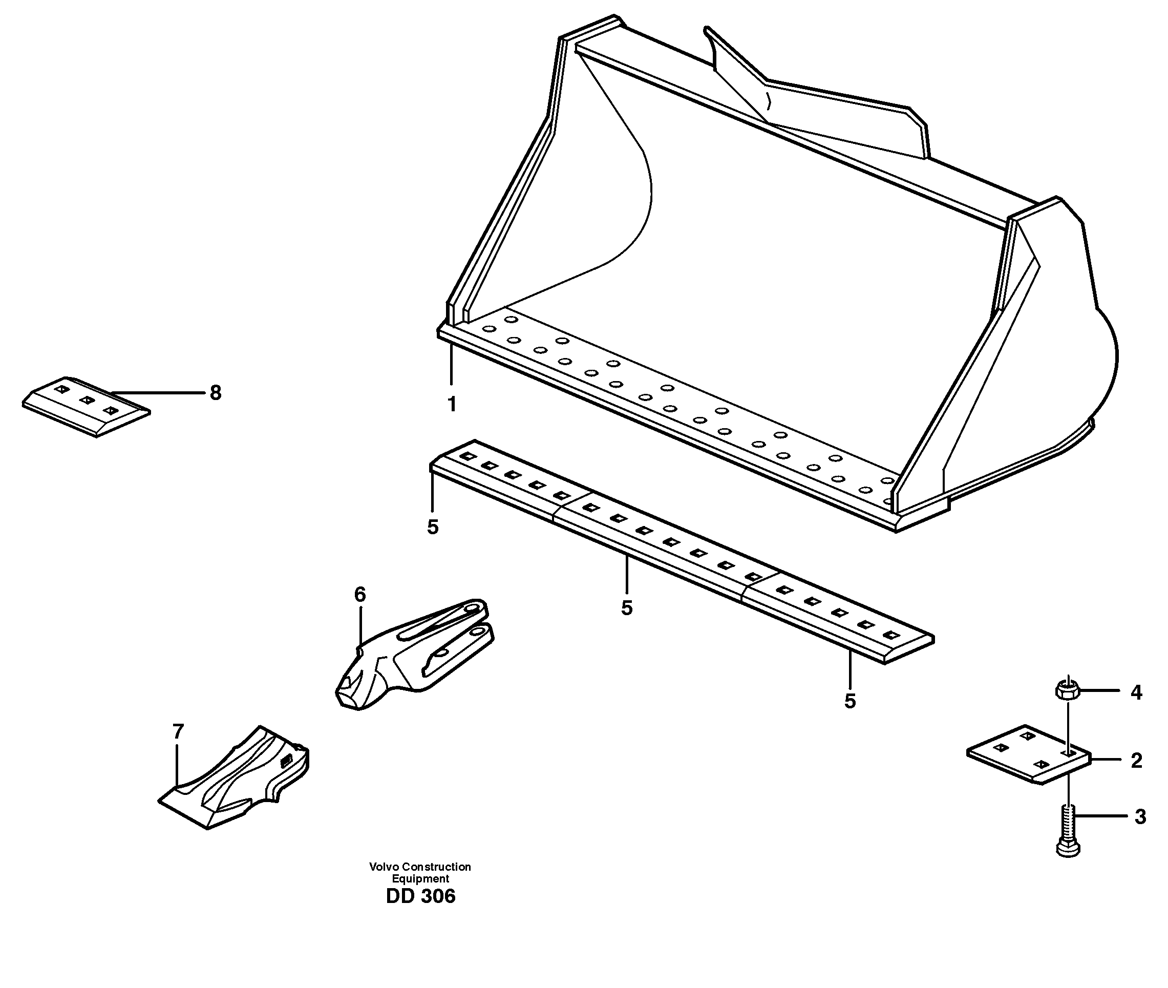 Схема запчастей Volvo EW140 - 15622 Bucket, straight lip, alt. edge savers or teeth ATTACHMENTS ATTACHMENTS BUCKETS