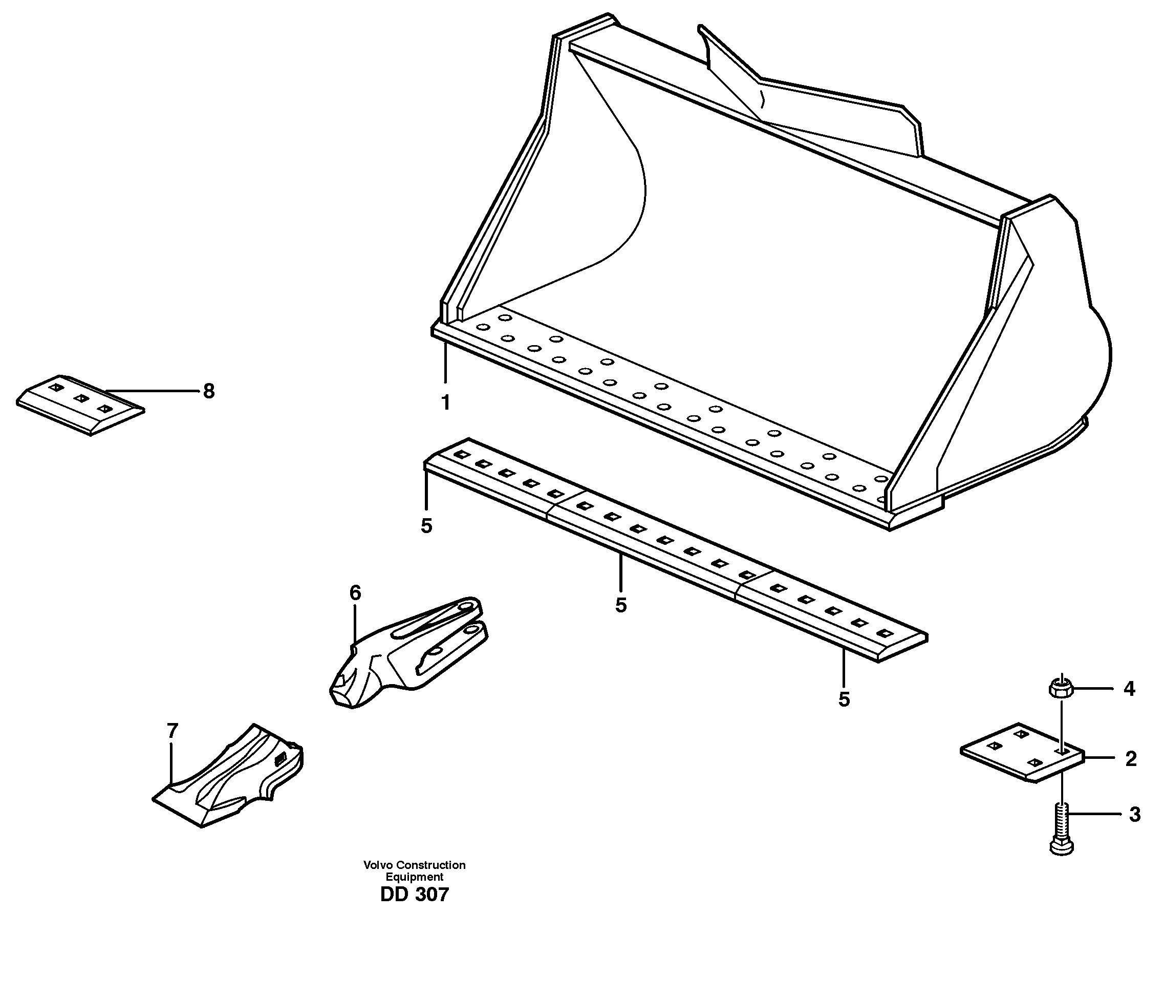 Схема запчастей Volvo EW140 - 15627 Bucket, straight lip, alt. edge savers or teeth ATTACHMENTS ATTACHMENTS BUCKETS