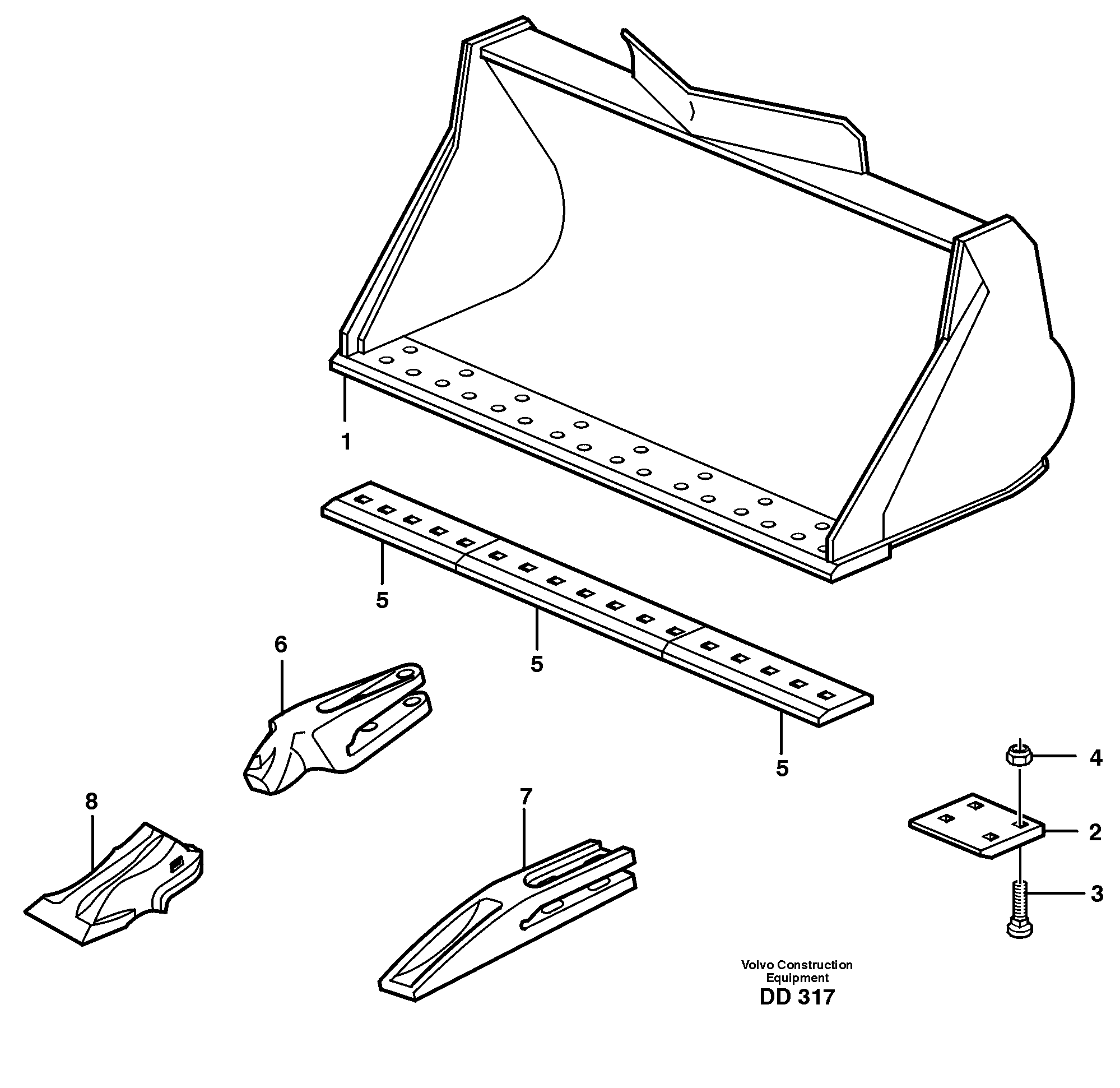 Схема запчастей Volvo EW140 - 18476 Bucket, straight lip, alt. edge savers or teeth ATTACHMENTS ATTACHMENTS BUCKETS