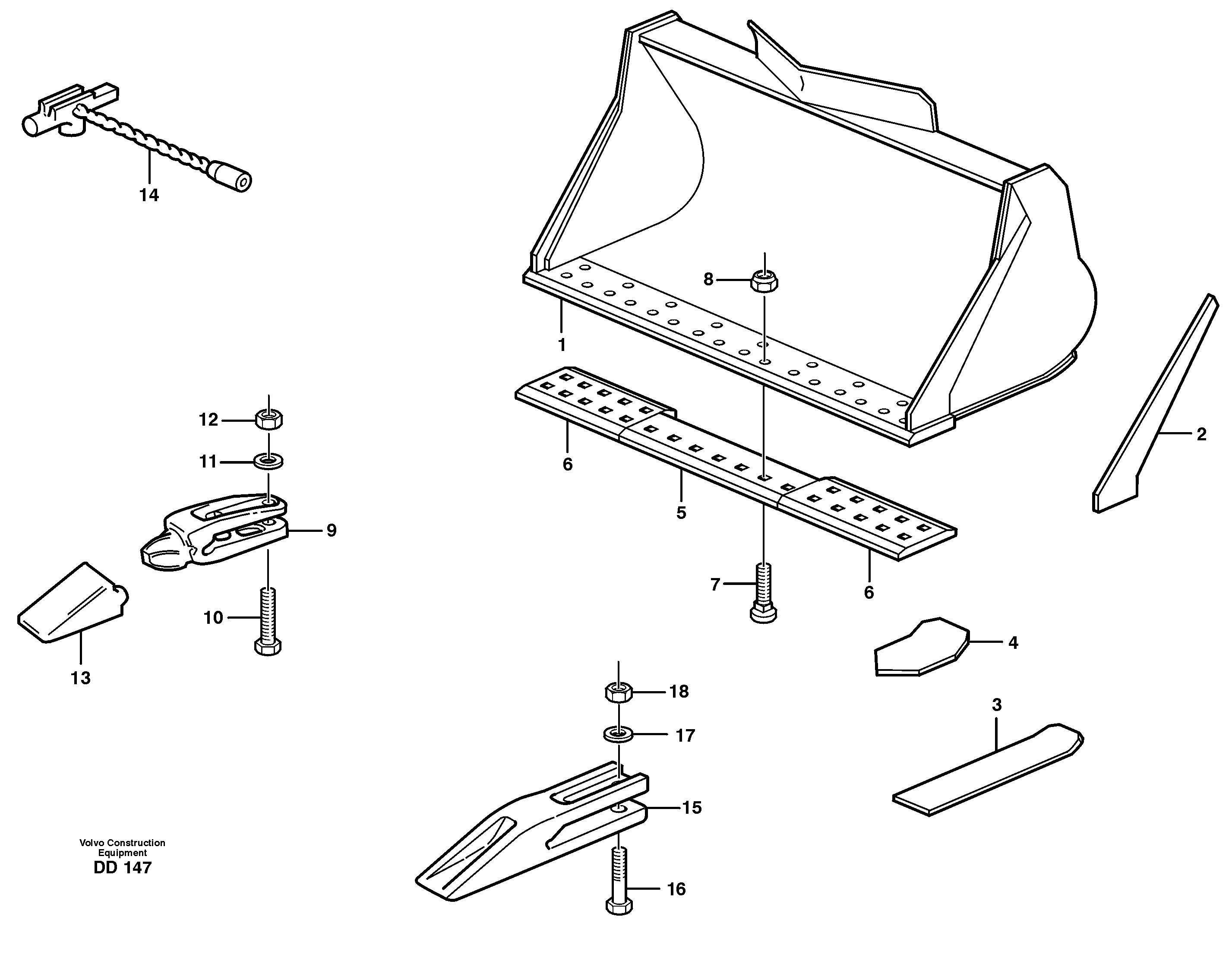 Схема запчастей Volvo EW140 - 19328 Bucket, straight lip, alt. edge savers or teeth ATTACHMENTS ATTACHMENTS BUCKETS