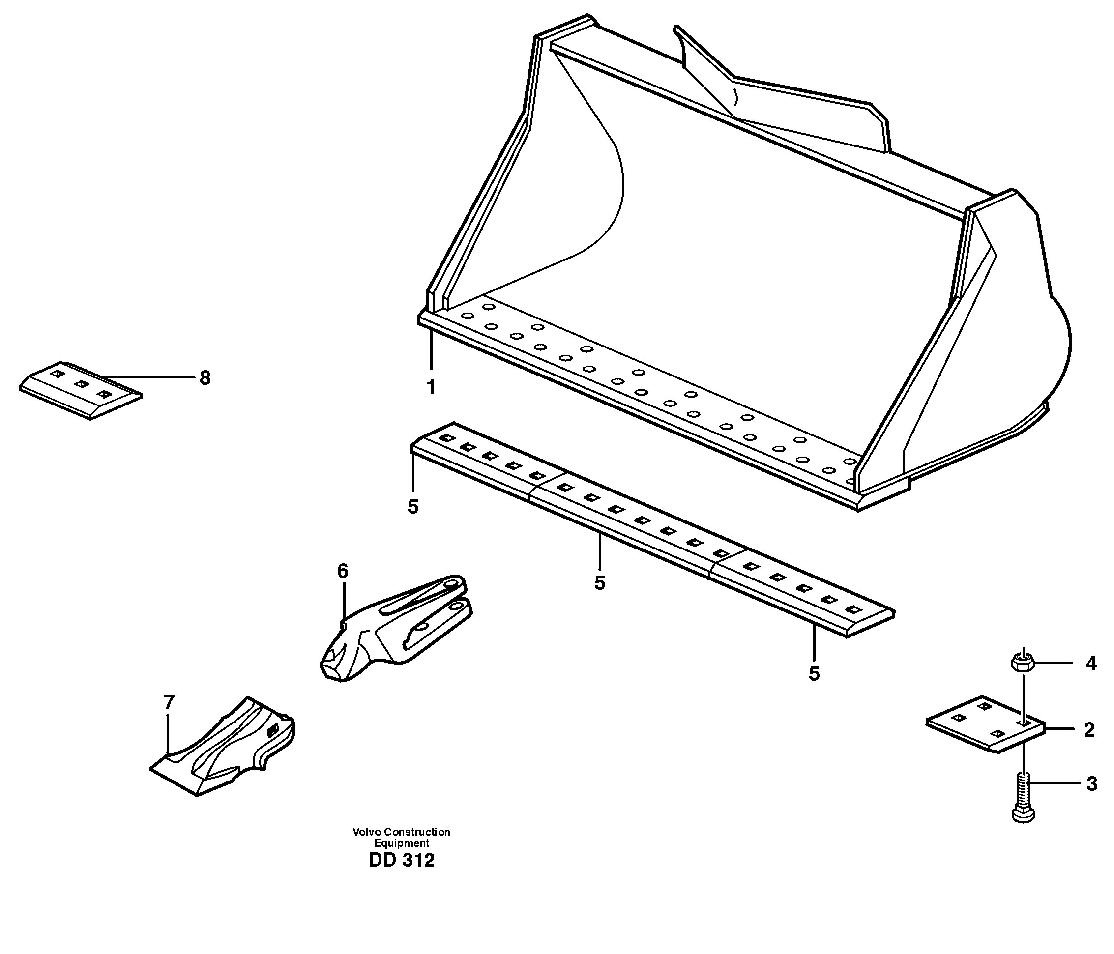 Схема запчастей Volvo EW140 - 21131 Bucket, straight lip, alt. edge savers or teeth ATTACHMENTS ATTACHMENTS BUCKETS