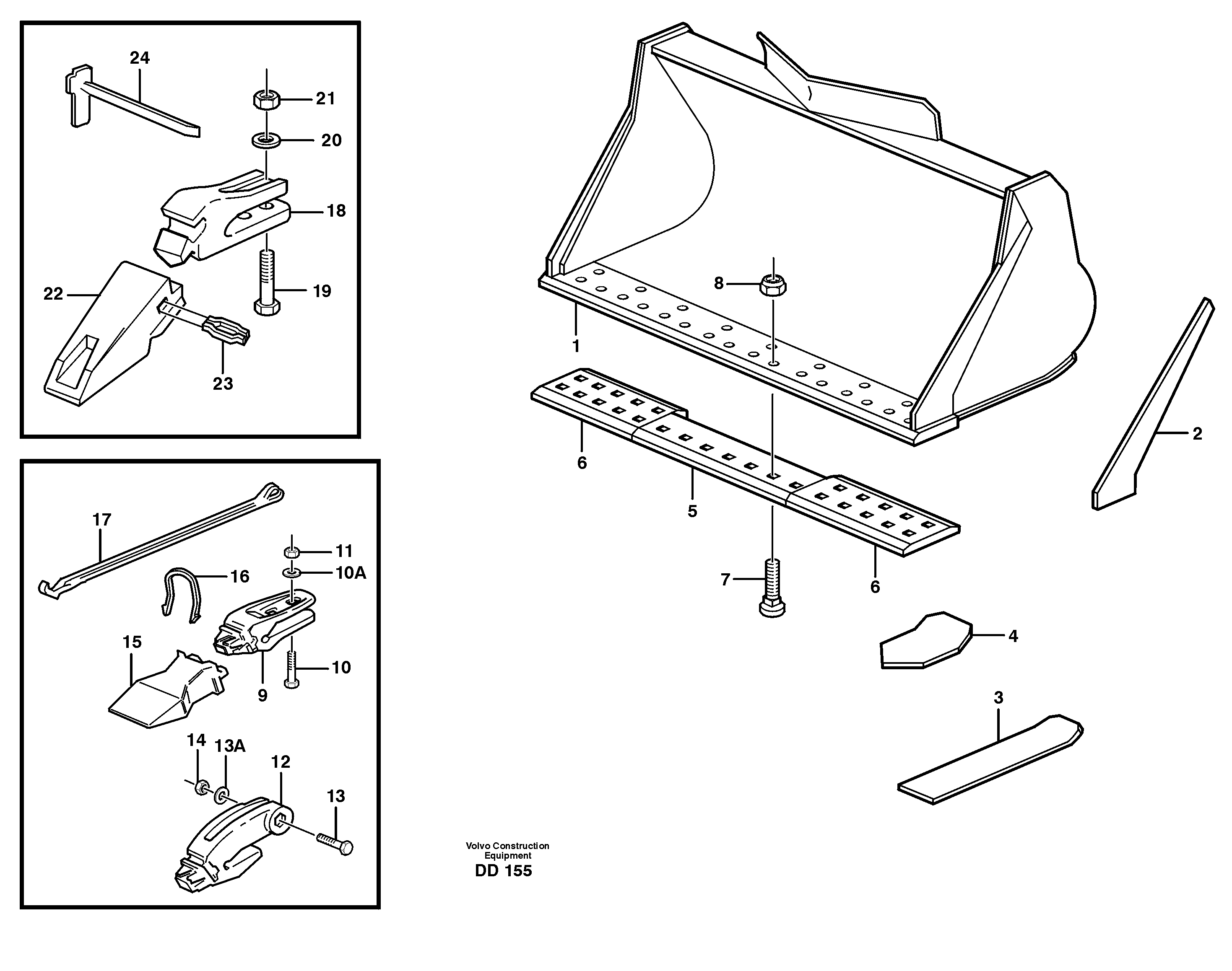 Схема запчастей Volvo EW140 - 68197 Bucket, straight lip, alt. edge savers or teeth ATTACHMENTS ATTACHMENTS BUCKETS