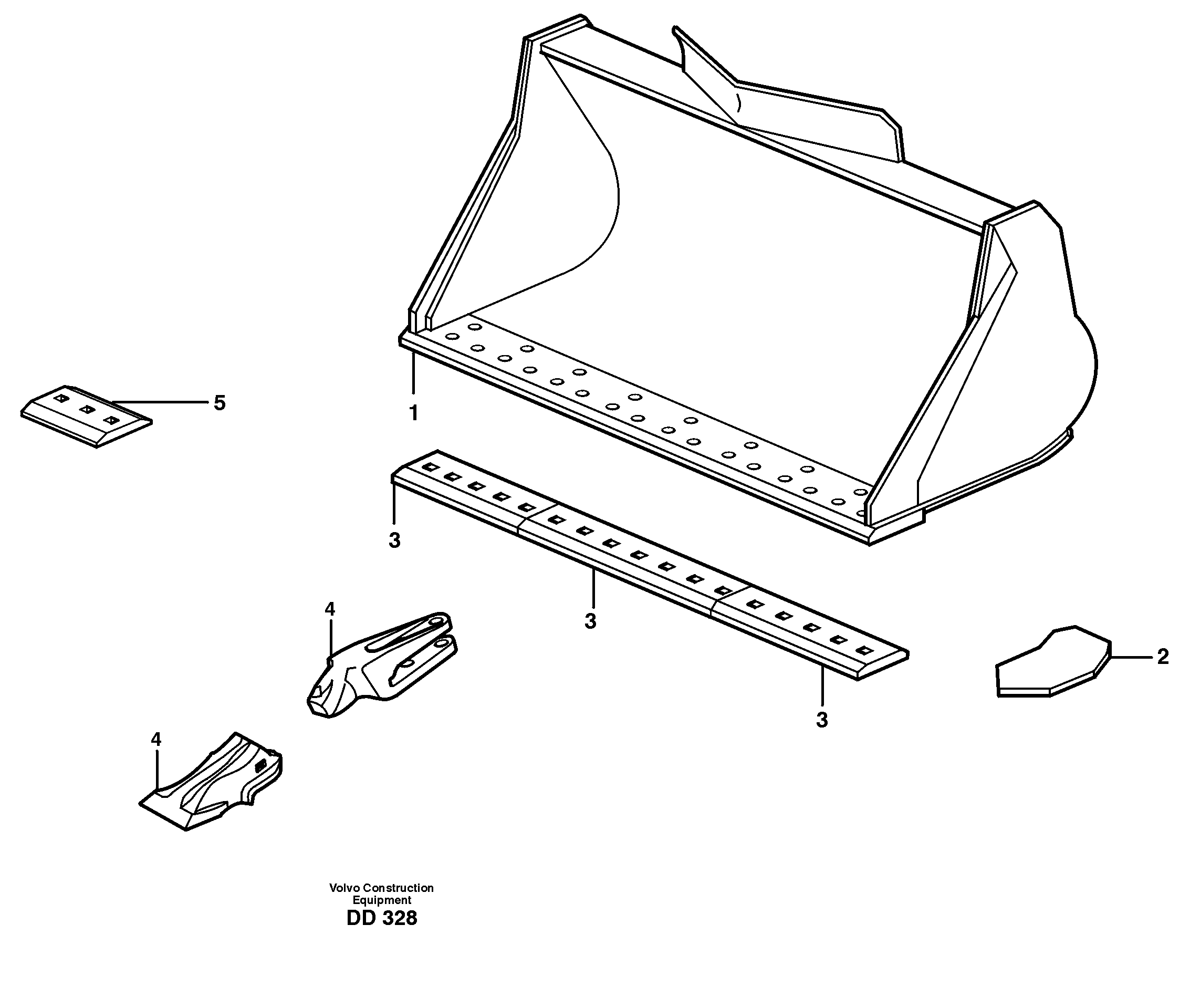 Схема запчастей Volvo EW150 - 15618 Bucket, straight lip, alt. edge savers or teeth ATTACHMENTS ATTACHMENTS BUCKETS