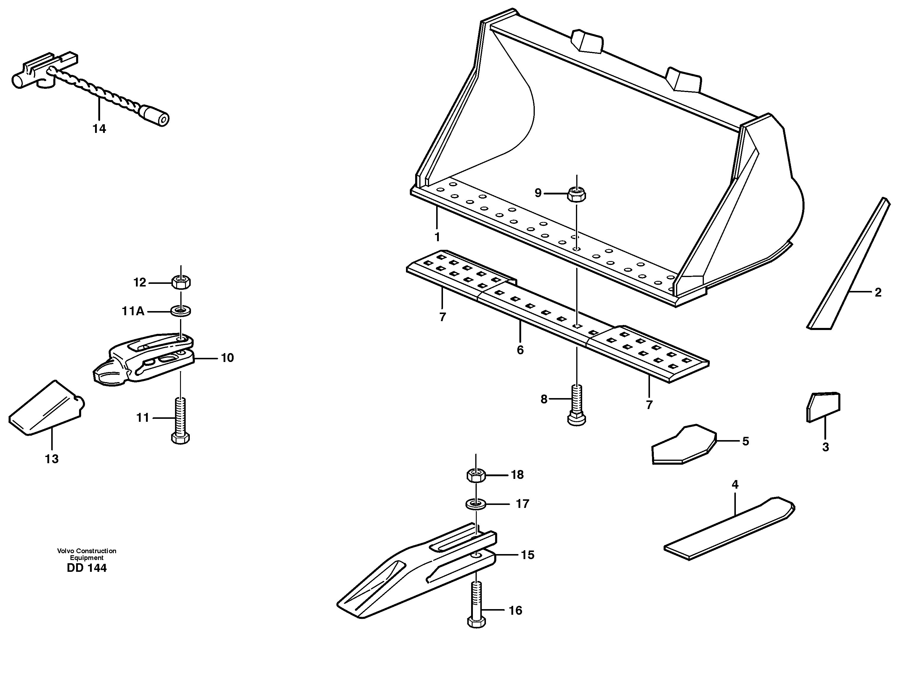 Схема запчастей Volvo EW150 - 18490 Bucket, straight lip, alt. edge savers or teeth ATTACHMENTS ATTACHMENTS BUCKETS