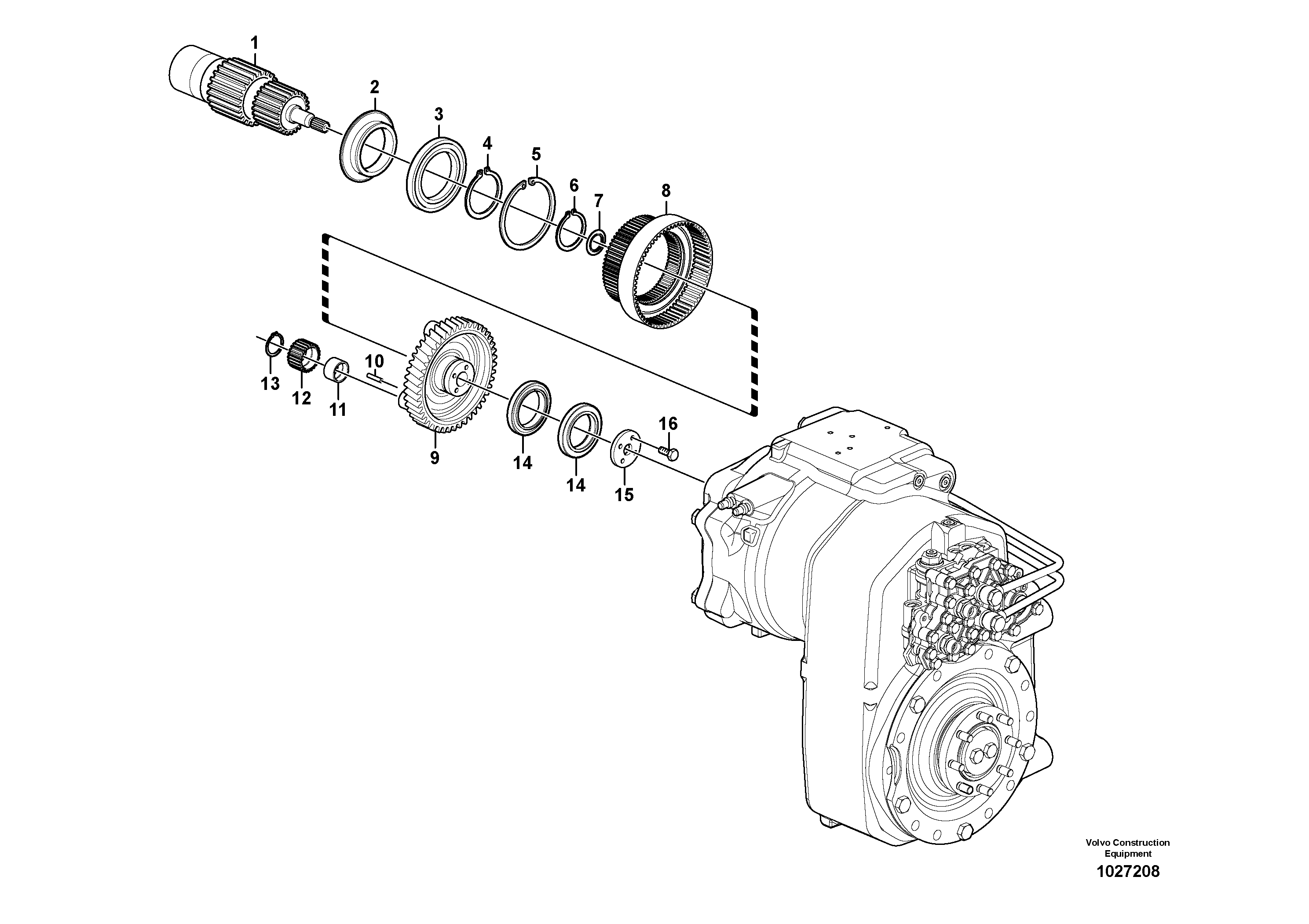 Схема запчастей Volvo EW230C - 58501 Transfer case, gears and shafts EW230C