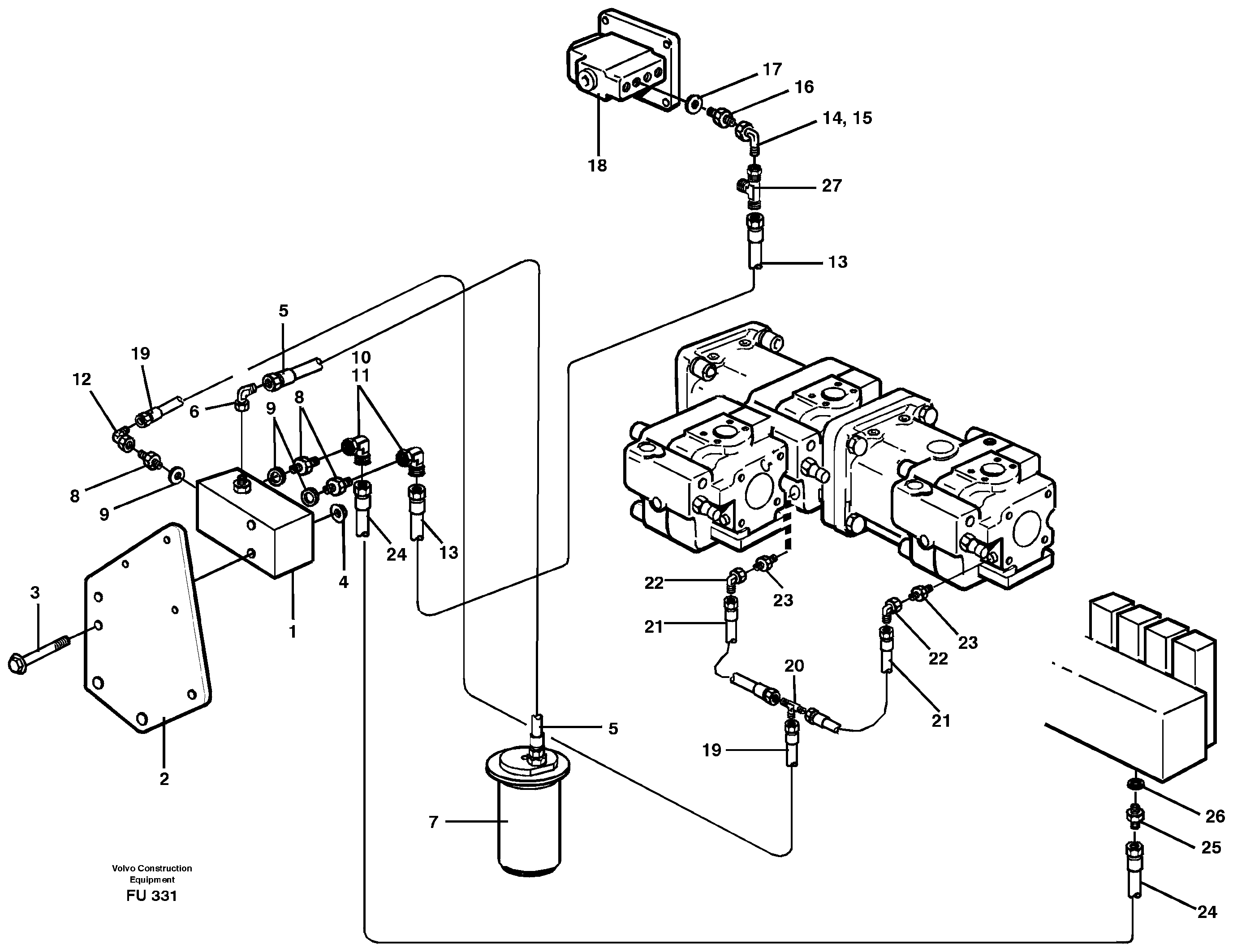 Схема запчастей Volvo EC390 - 90360 Servo hydraulics, down shift valve EC390 SER NO 1001-