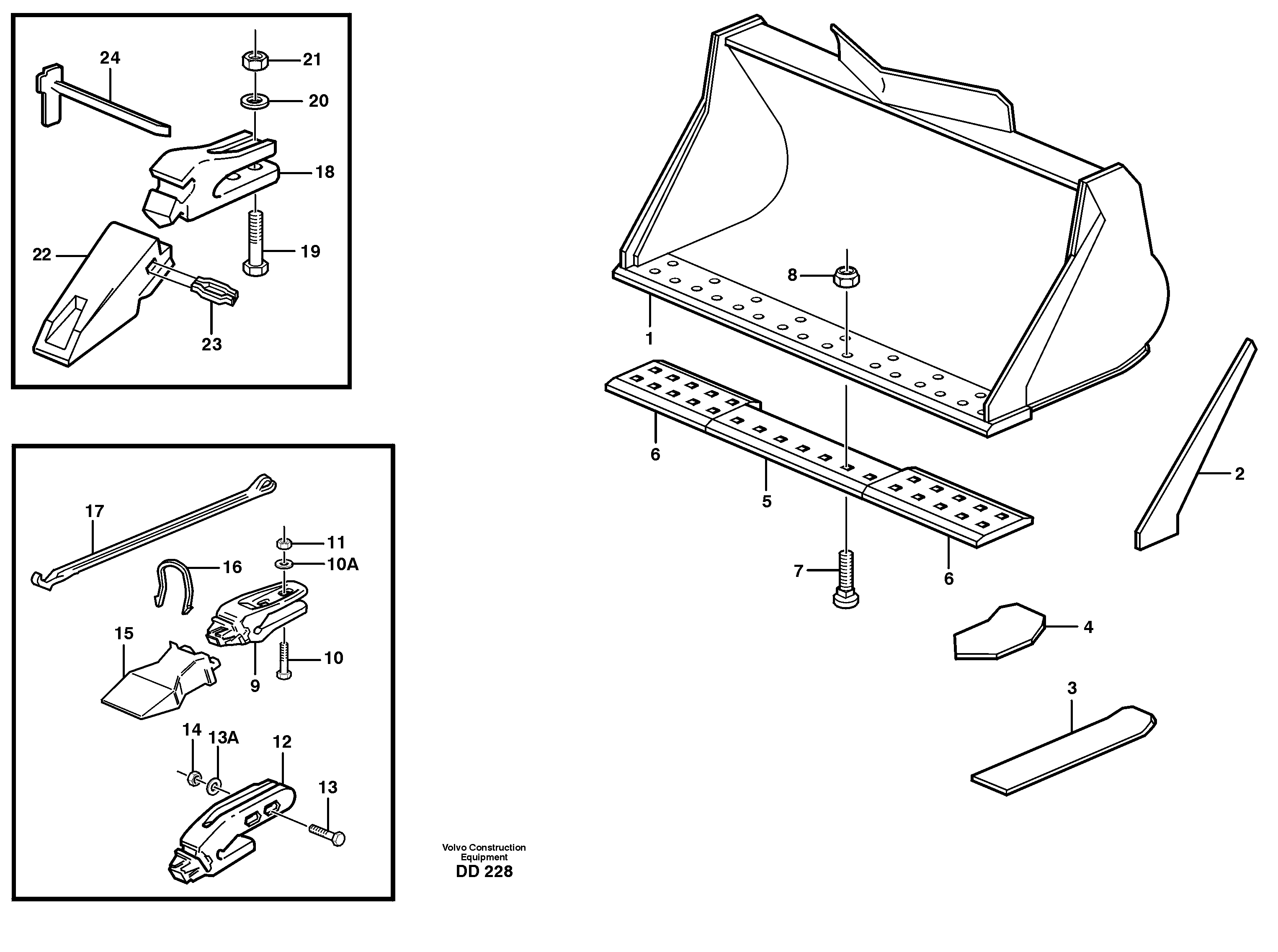 Схема запчастей Volvo EW160B - 15644 Bucket, straight lip, alt. edge savers or teeth ATTACHMENTS ATTACHMENTS BUCKETS