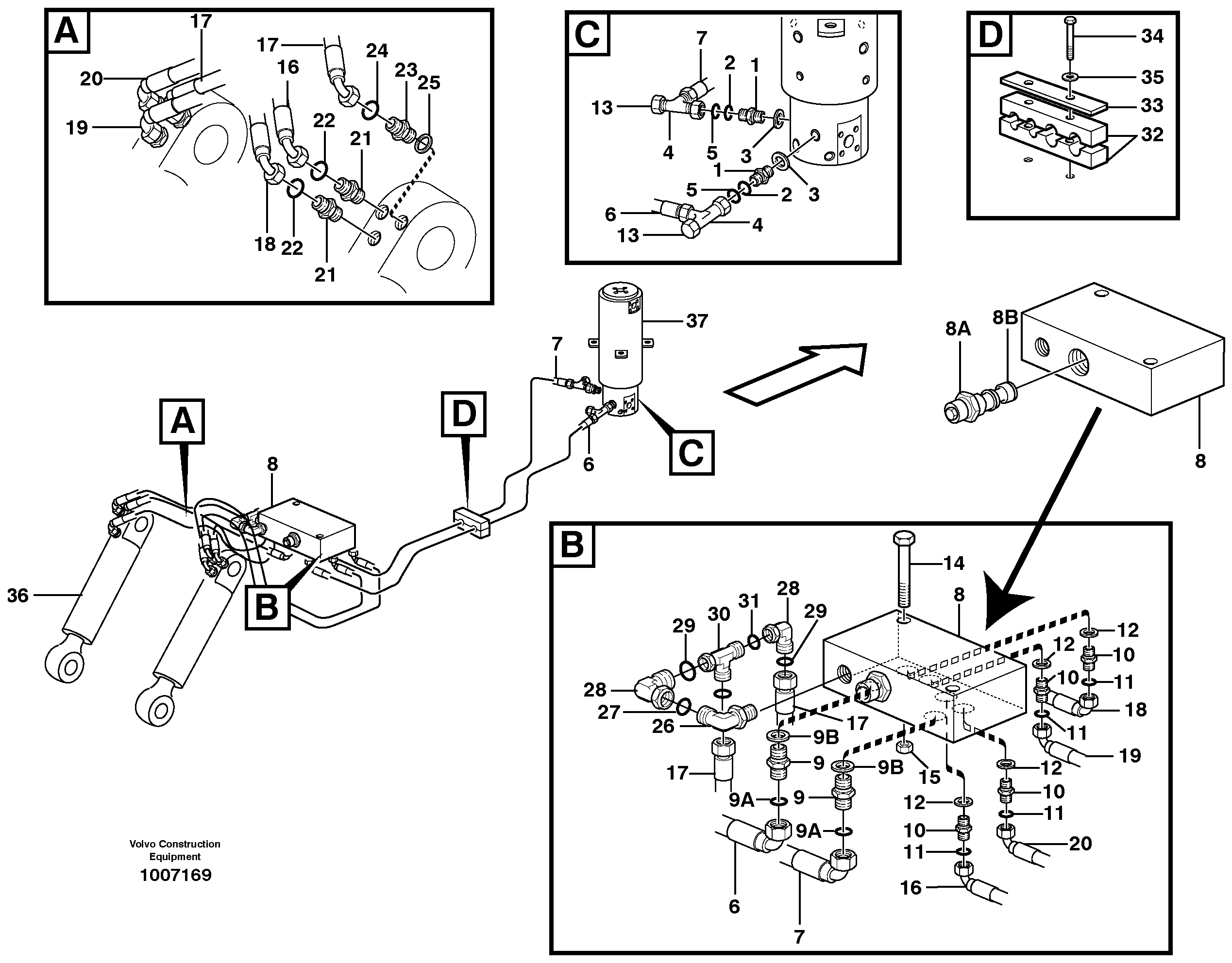 Схема запчастей Volvo EW160B - 105628 Hydraulic system for support blade, undercarriage EW160B